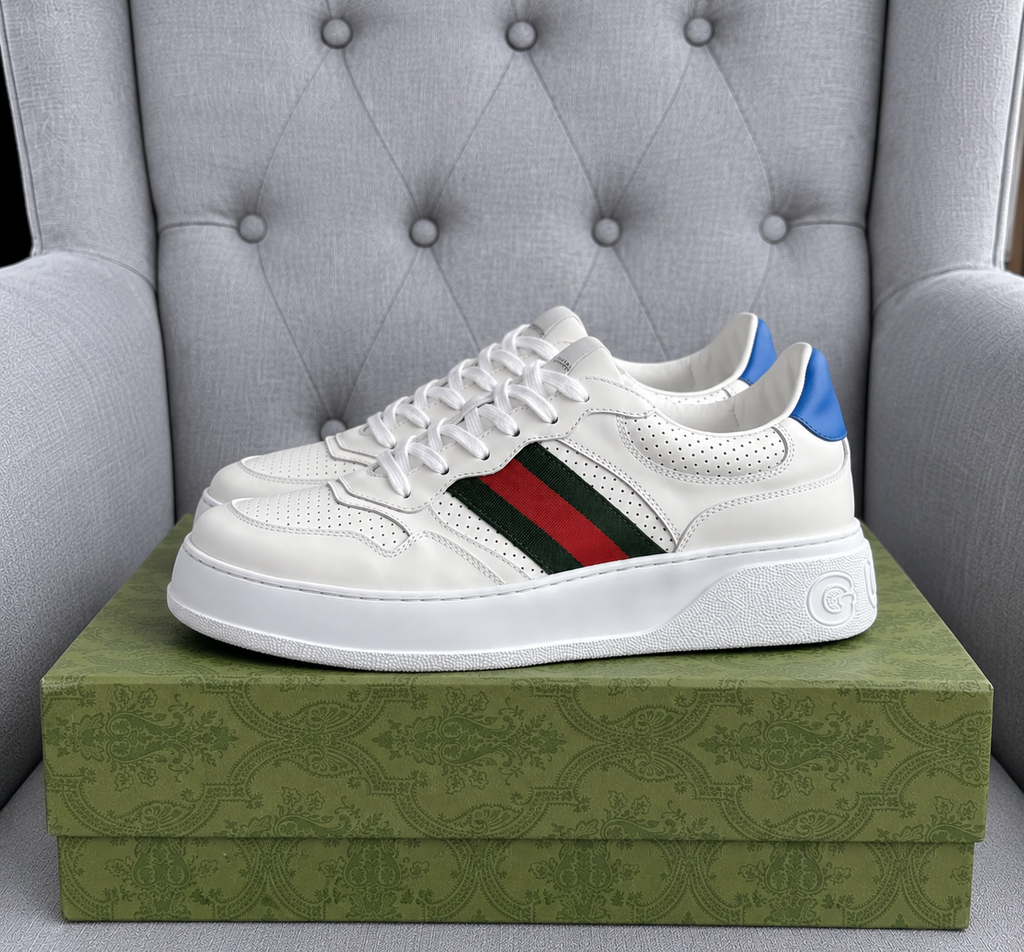 Gucci Women’s Chunky Leather Trainers with Web Detail & Light Blue Heel – EU 36.5 / UK 3.5 – Brand New