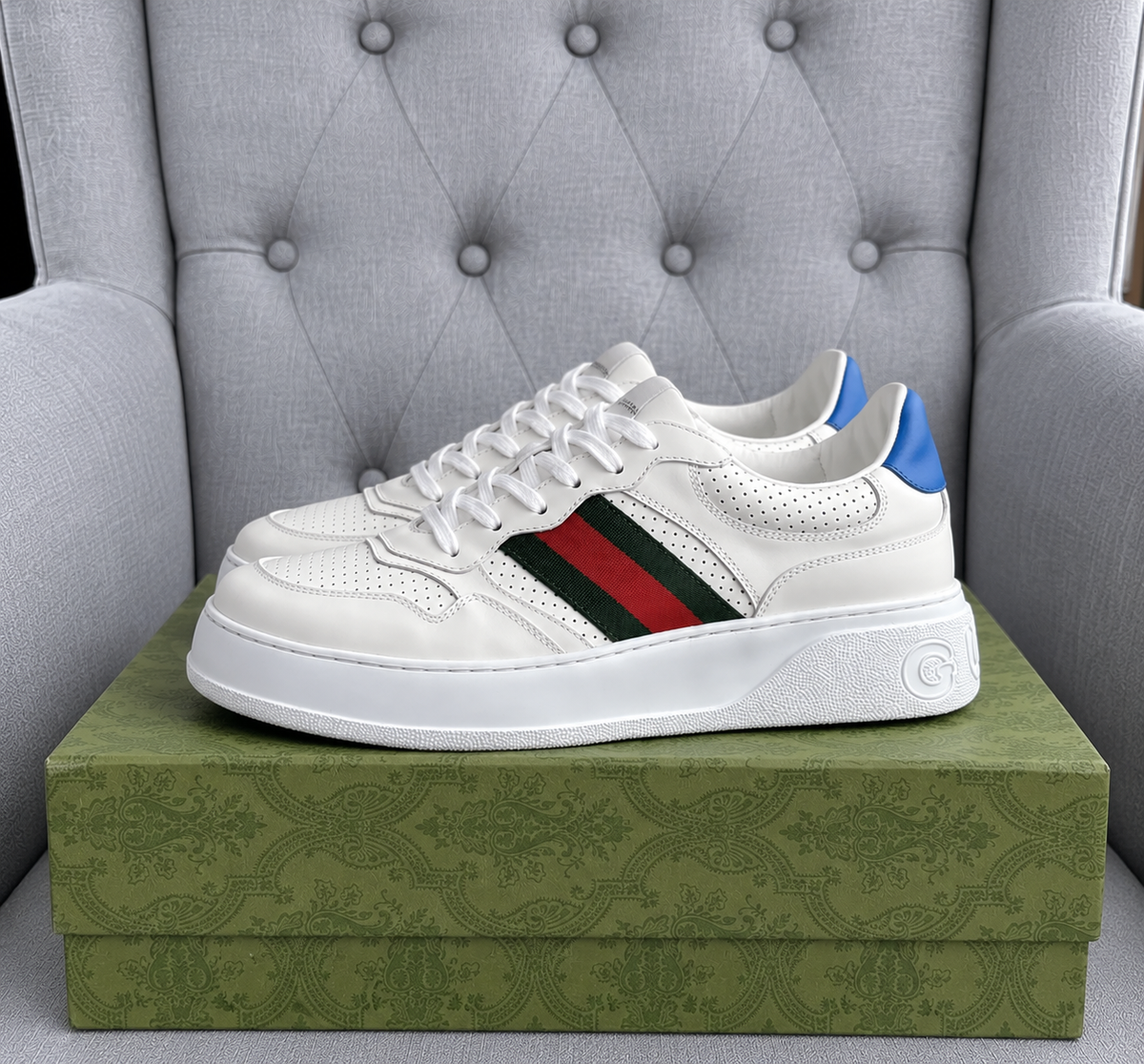 Gucci Women’s Chunky Leather Trainers with Web Detail & Light Blue Heel – EU 36.5 / UK 3.5 – Brand New