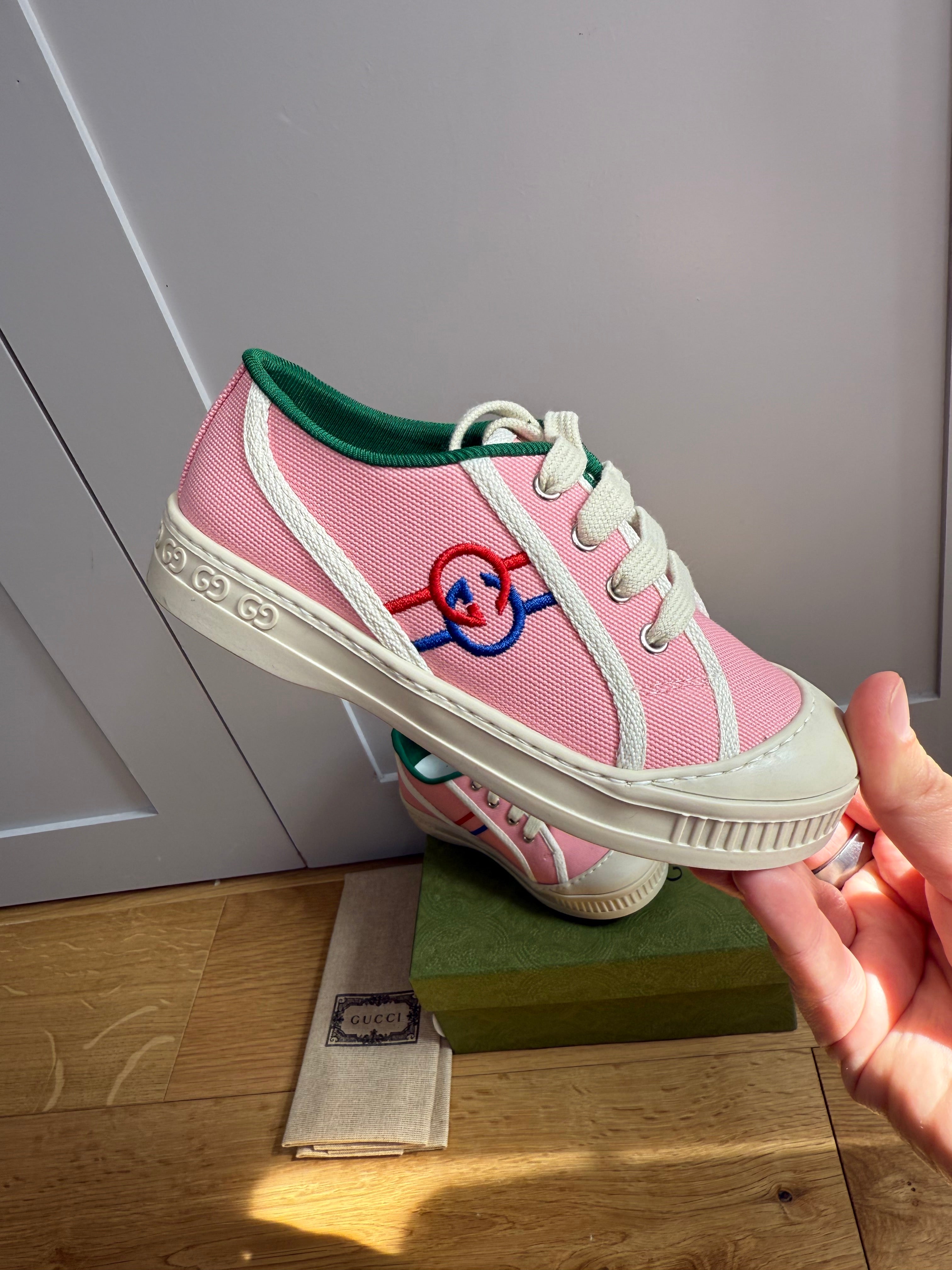 New Gucci GG Embroidered Kids Canvas Trainers In Pink