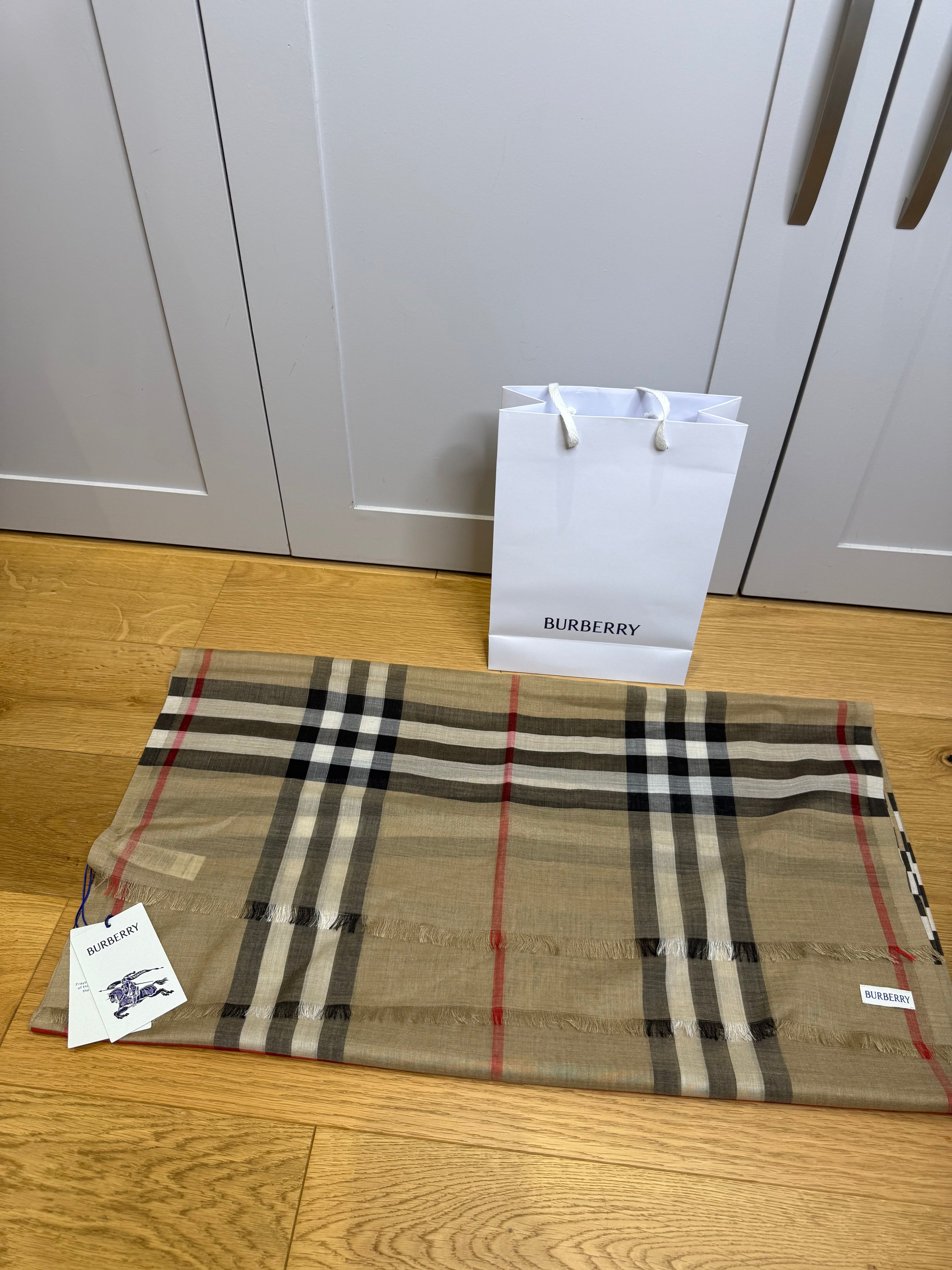 New Burberry Classic Check Wool And Silk Mix Scarf