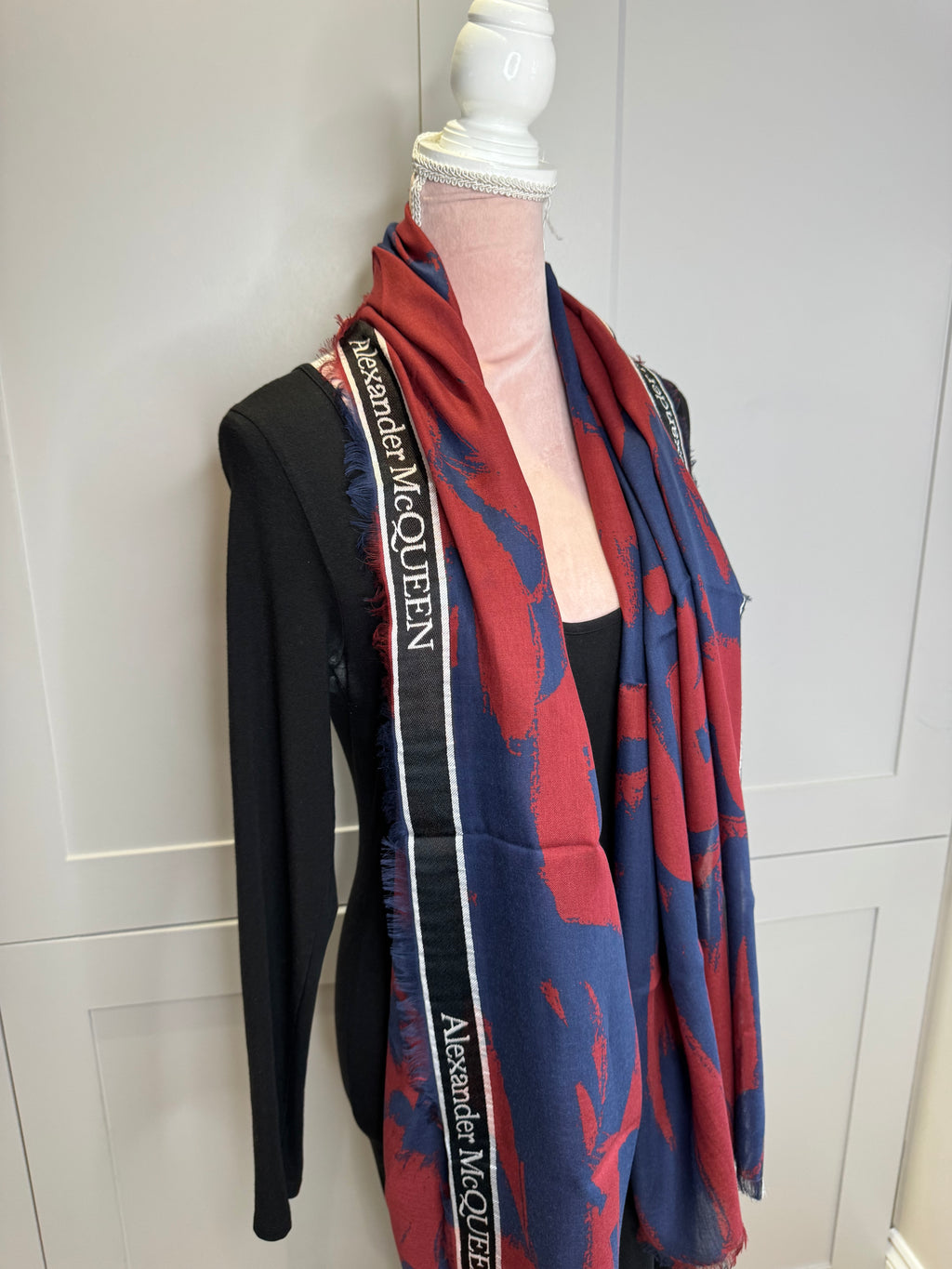 Alexander McQueen Graffiti Bordered Scarf Red and Blue