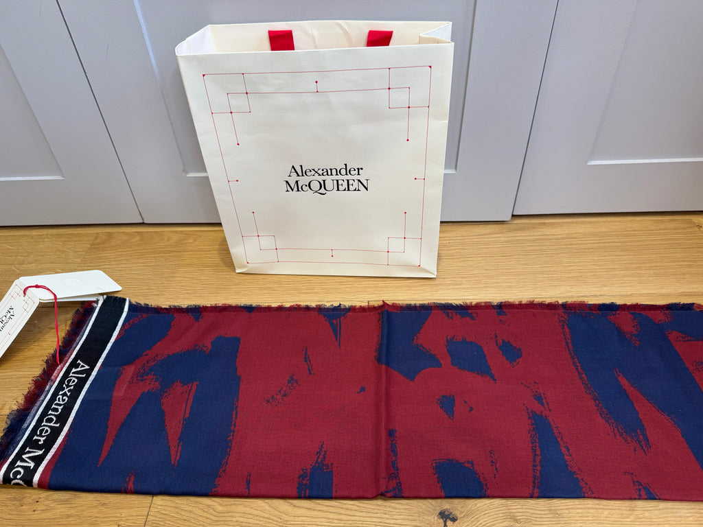 Alexander McQueen Graffiti Bordered Scarf Red and Blue