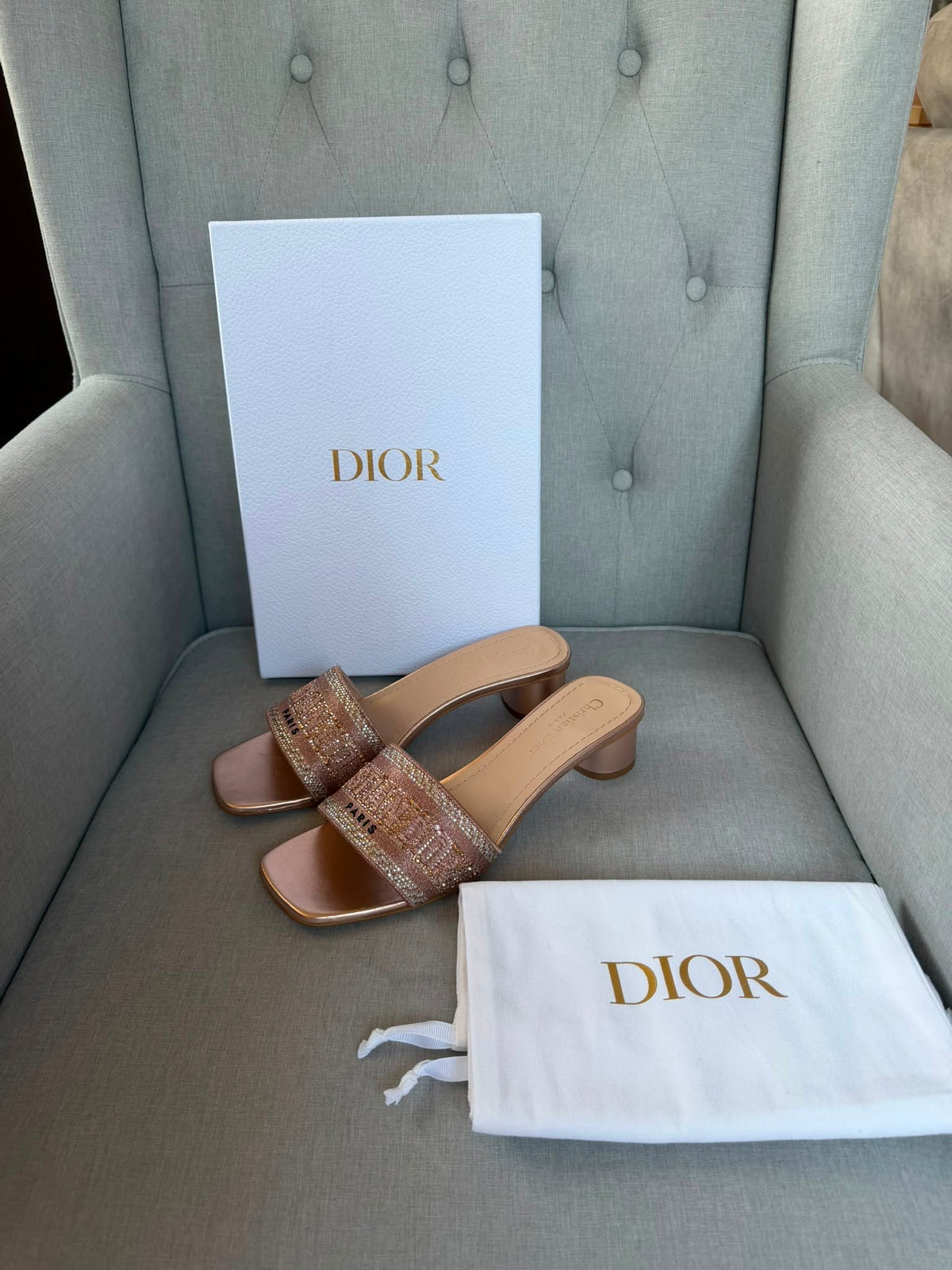 Christian Dior pink embellished mule sandals low block heel detail.