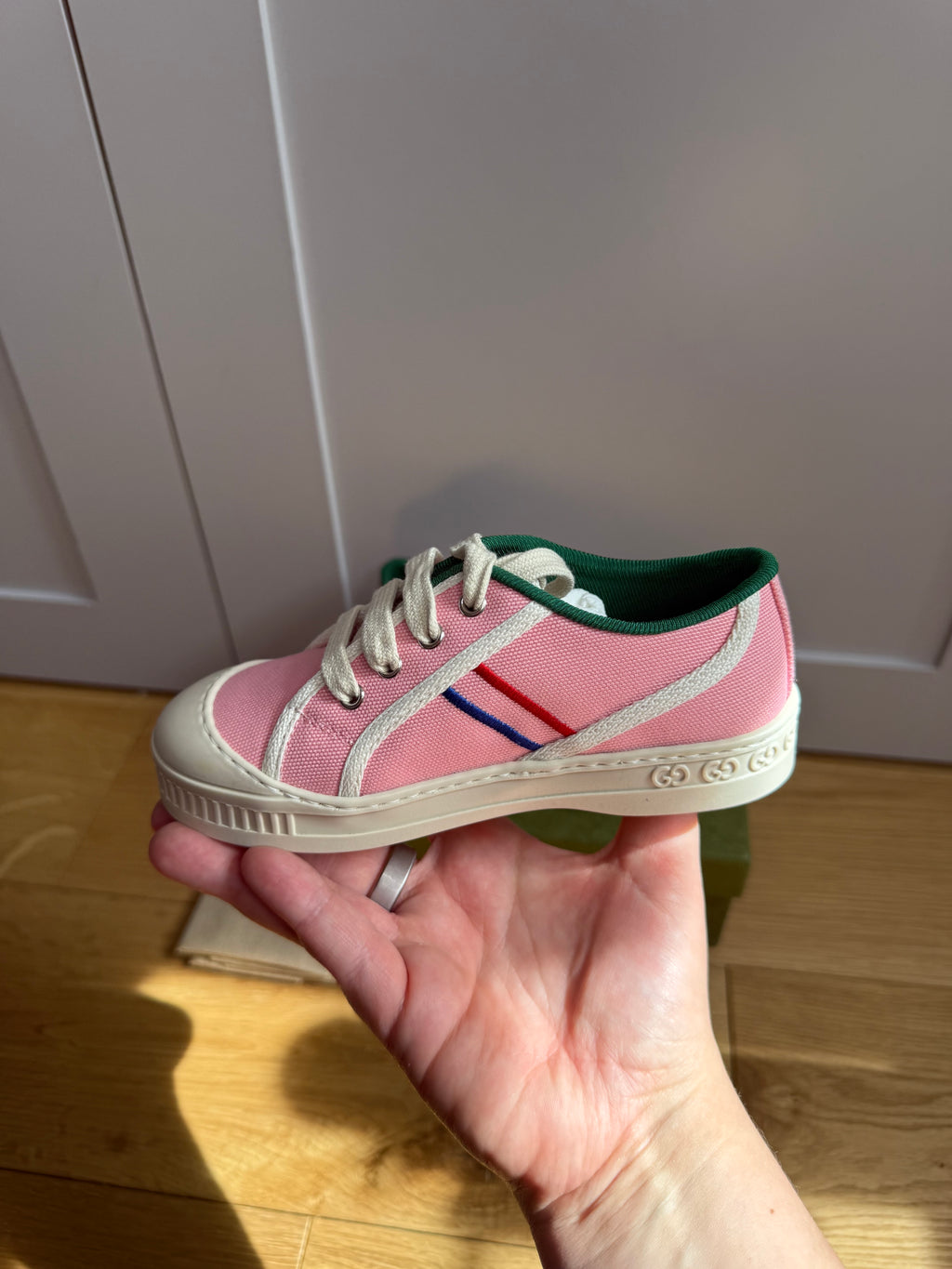 New Gucci GG Embroidered Kids Canvas Trainers In Pink