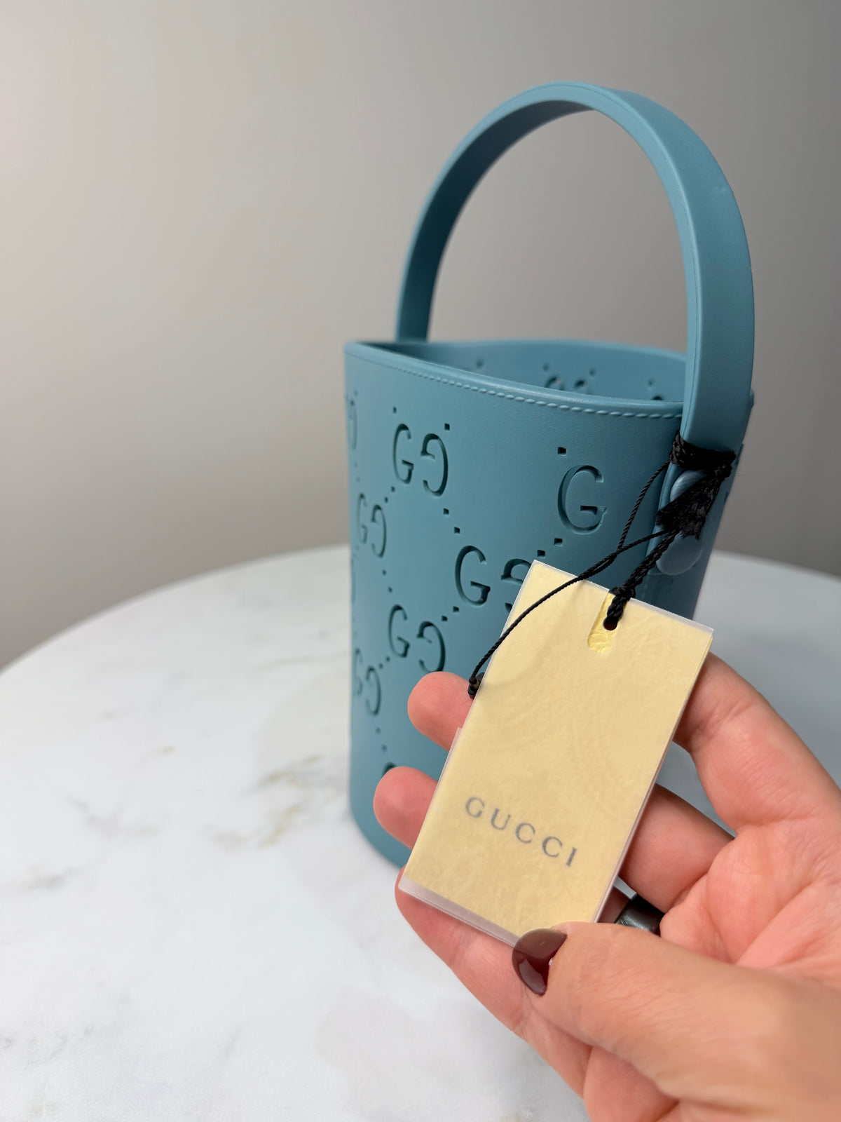 Gucci GG Perforated Rubber Bucket Bag – Blue – Brand New with Tags