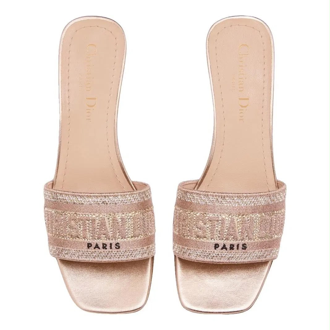 Christian Dior pink crystal embellished open toe mule sandals front view.