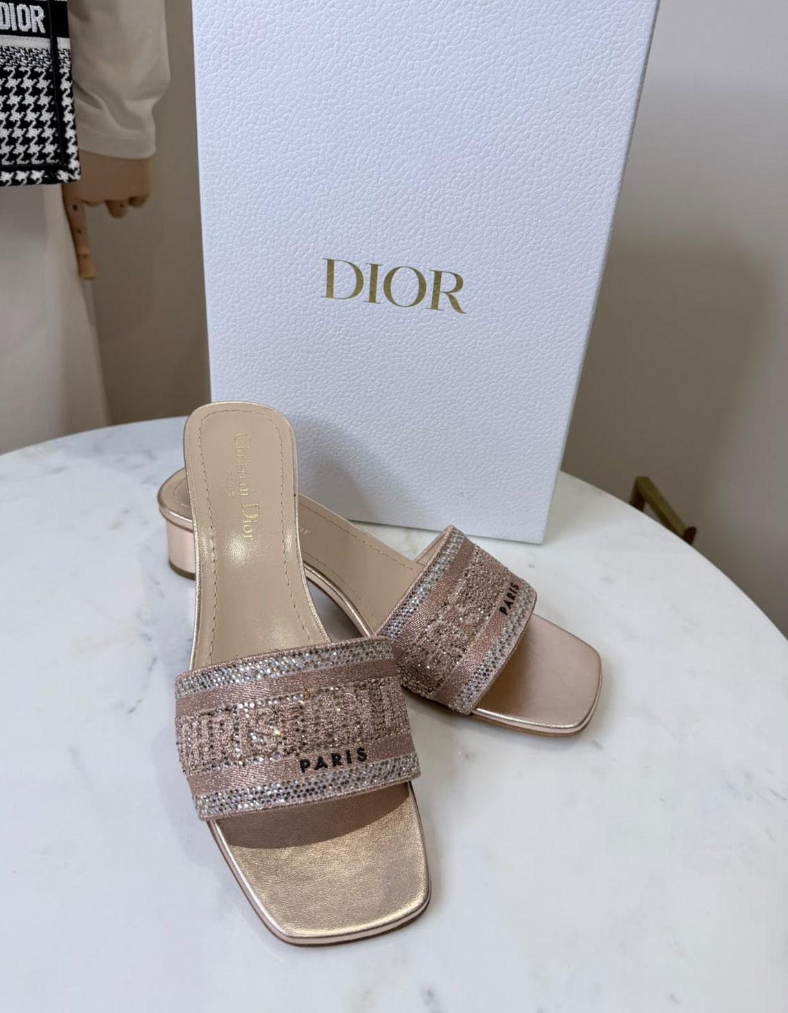 Christian Dior pink crystal embellished open toe mule sandals close up view.