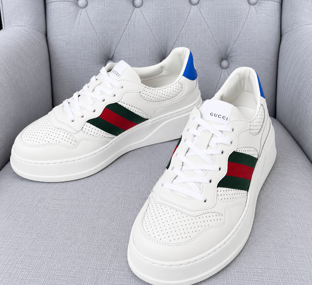 Gucci Women’s Chunky Leather Trainers with Web Detail & Light Blue Heel – EU 36.5 / UK 3.5 – Brand New