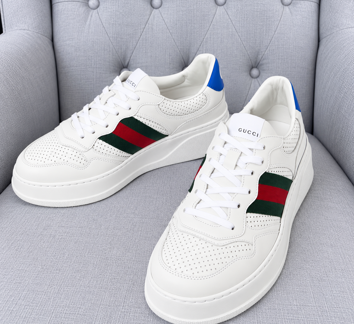 Gucci Women’s Chunky Leather Trainers with Web Detail & Light Blue Heel – EU 36.5 / UK 3.5 – Brand New