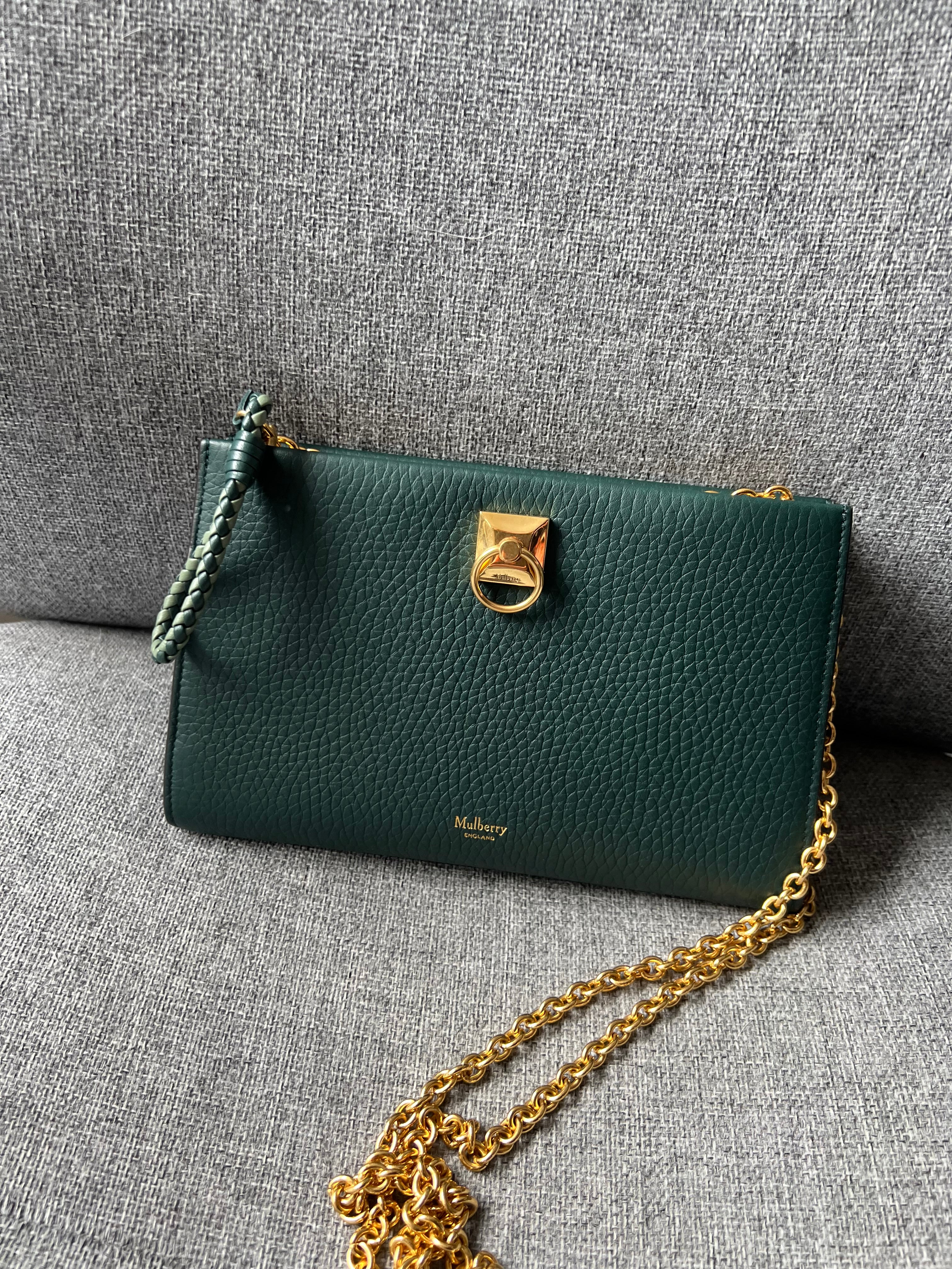 New Mulberry Iris Wallet On Chain Bag In Mulberry Green with Matching Zip Pull