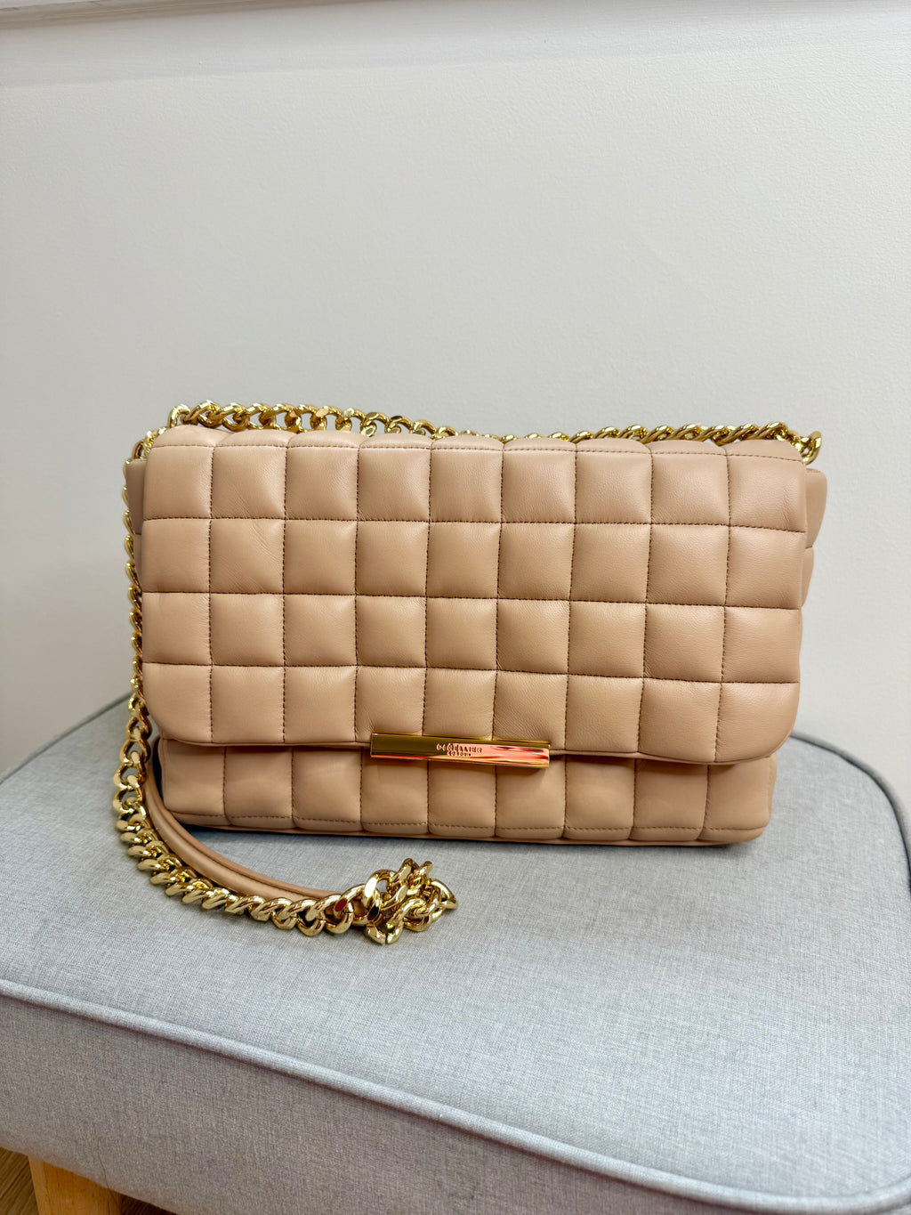 DeMellier Beige Quilted Leather Shoulder Bag with gold chain crossbody strap