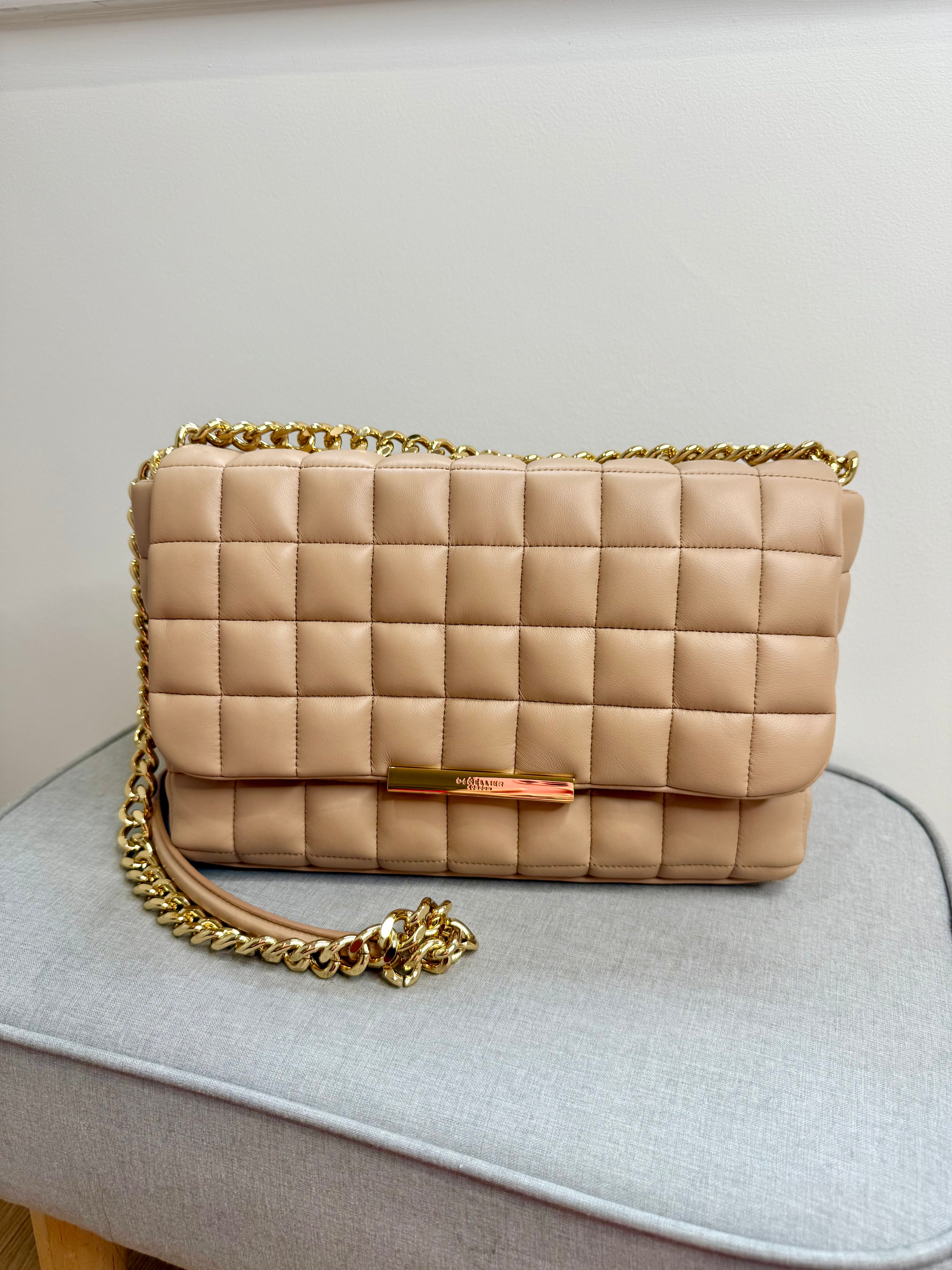 DeMellier Beige Quilted Leather Shoulder Bag with gold chain crossbody strap