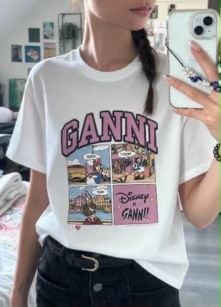 Ganni Disney Daisy Duck graphic t shirt selfie On a model 