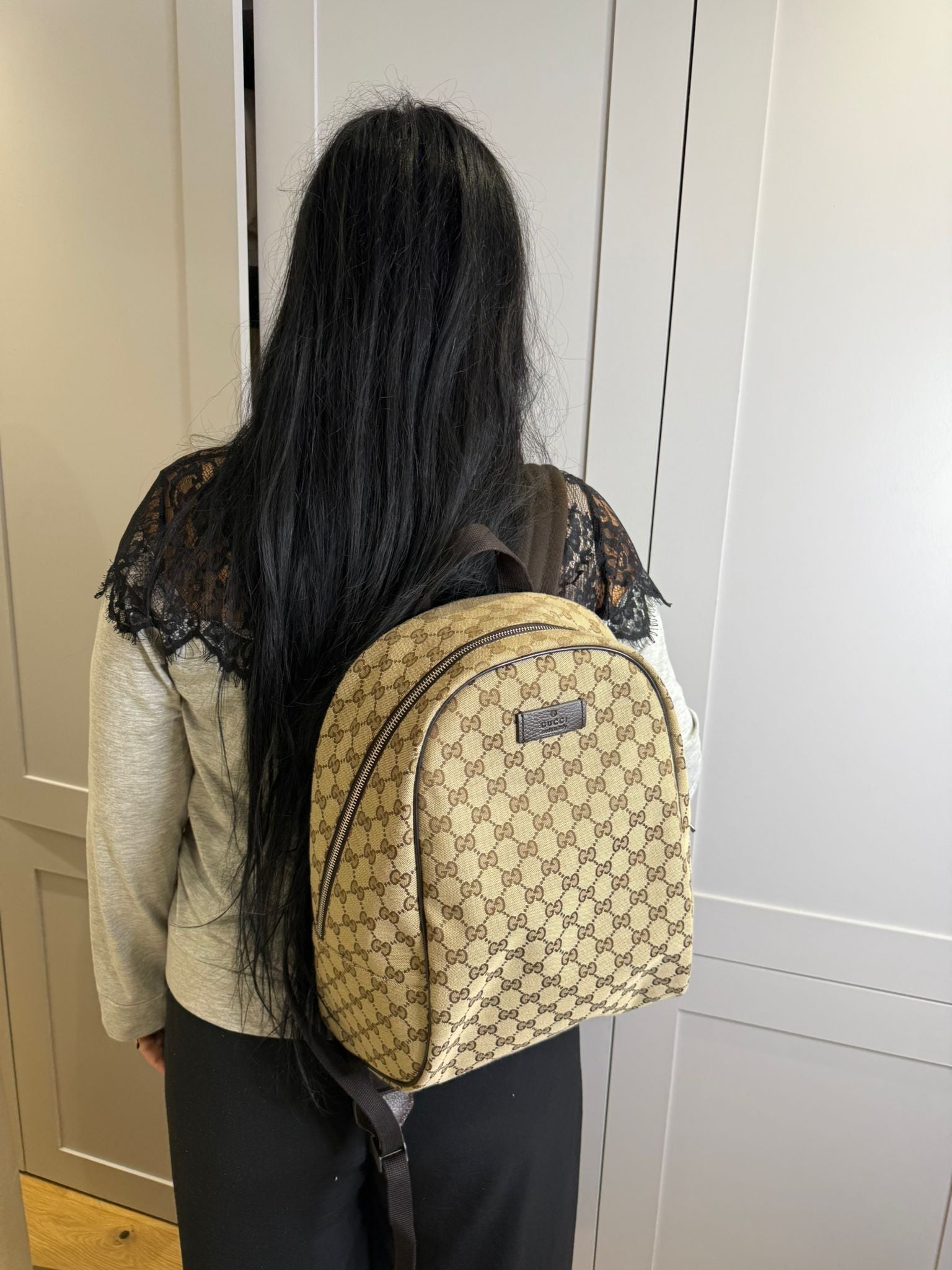 Gucci GG Supreme Canvas Zipped Backpack Designer Backpack  modelled