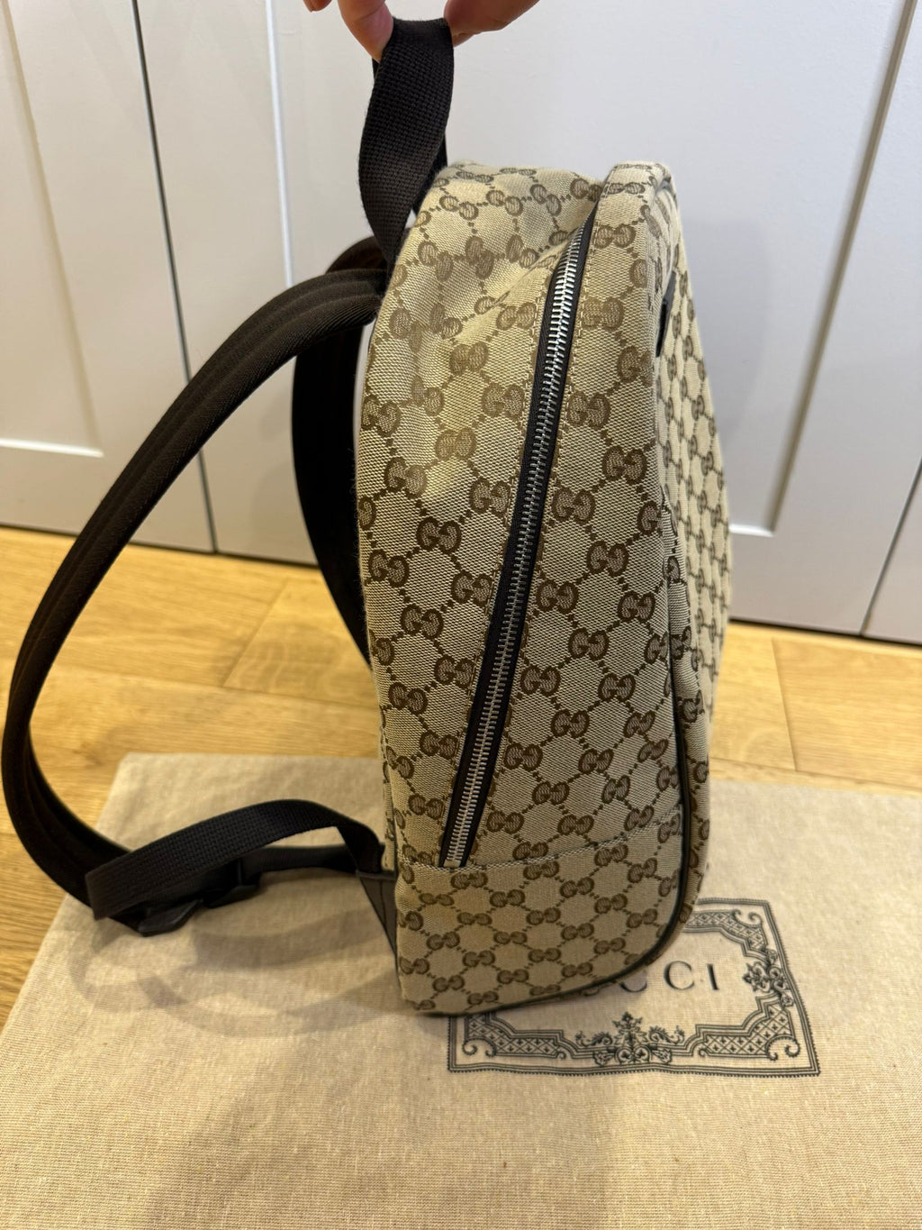 Gucci GG Supreme Canvas Zipped Backpack Designer Backpack  side view