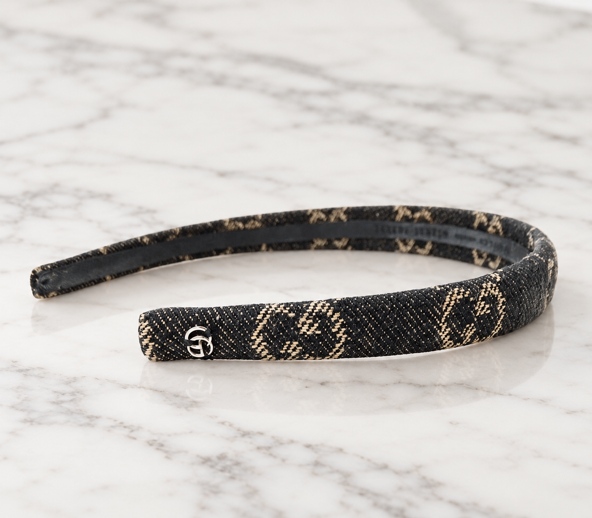 Gucci gg denim headband side view With gg silver logo detail new in dustbag 