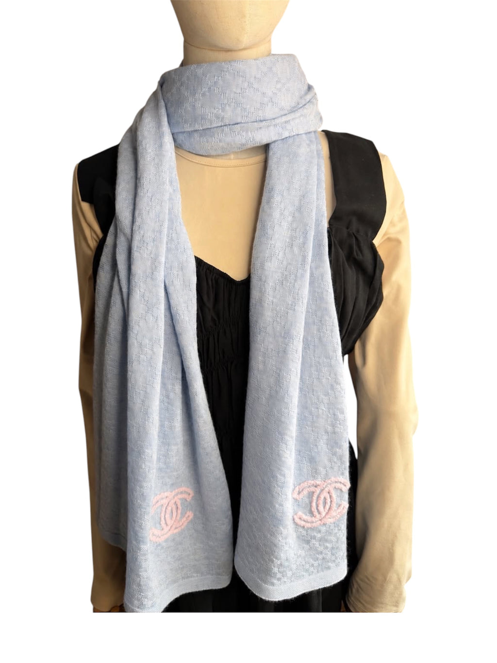 Authentic pre owned Chanel light blue scarf with pink CC logo