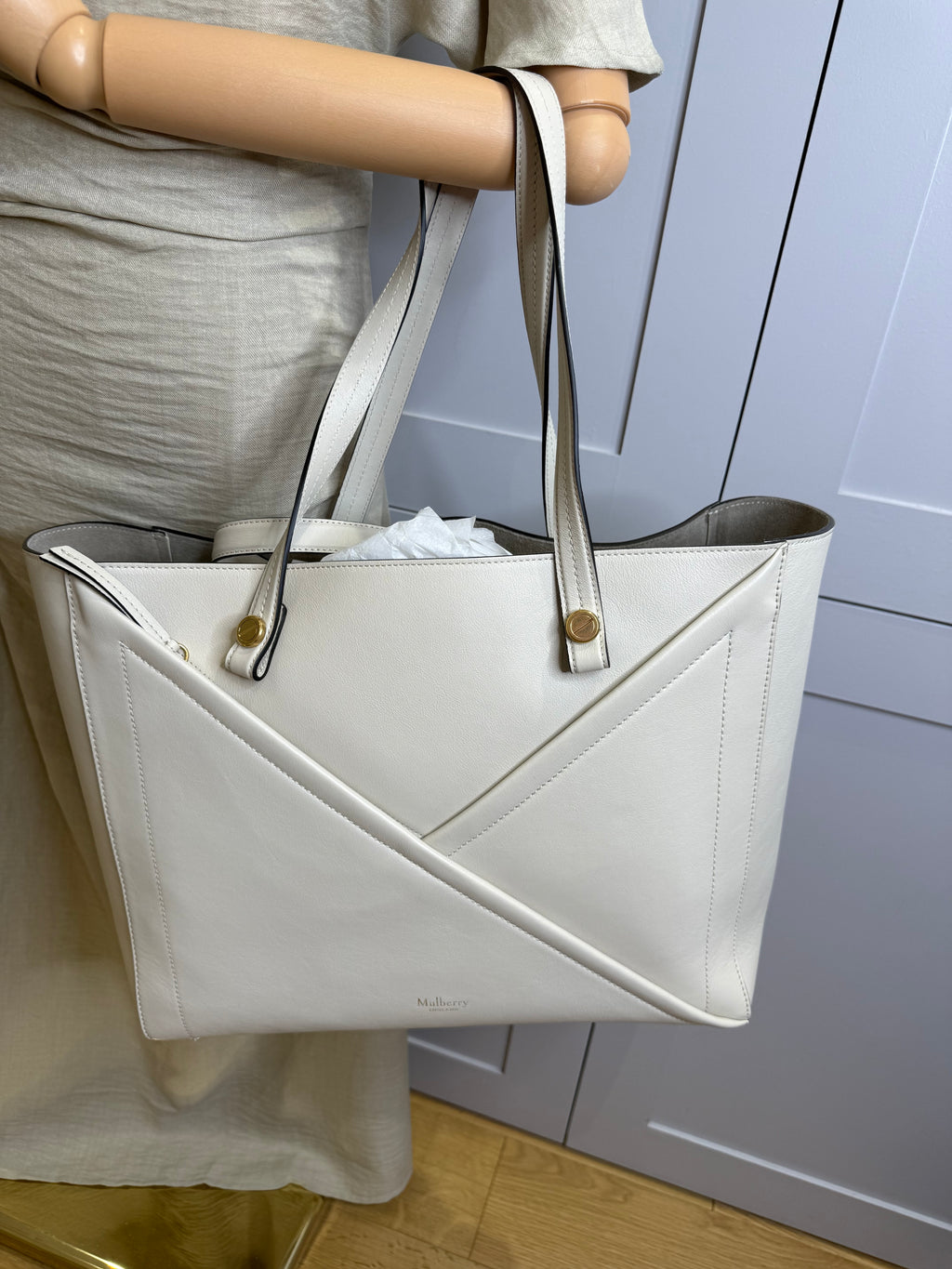 New Mulberry M Zipped Leather Tote Bag in Chalk