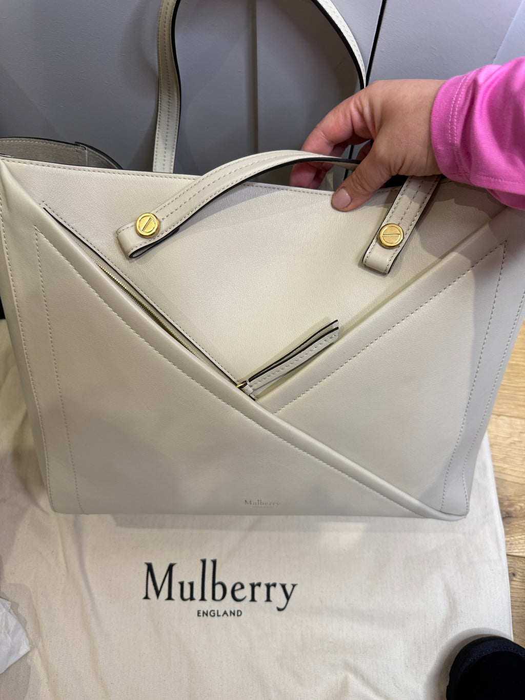 New Mulberry M Zipped Leather Tote Bag in Chalk