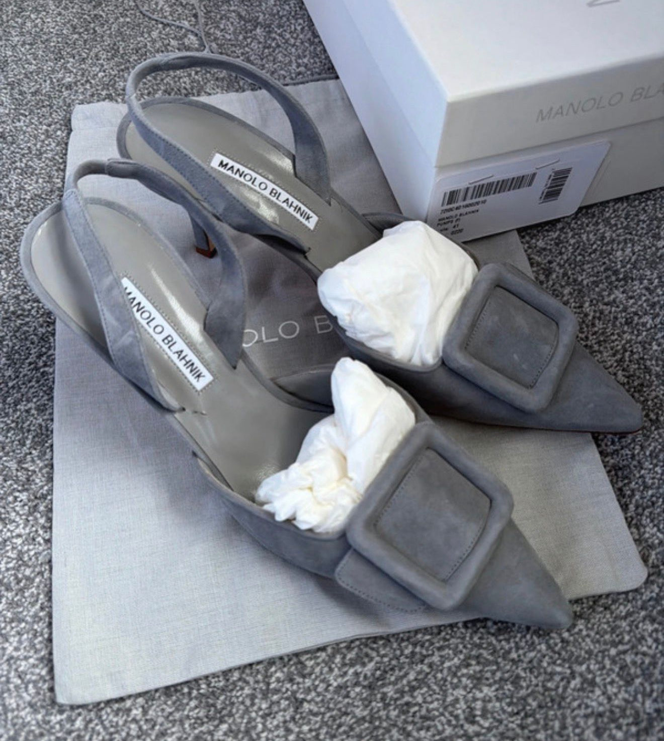Manolo Blahnik Maysli 70 slingback grey suede leather pumps heels