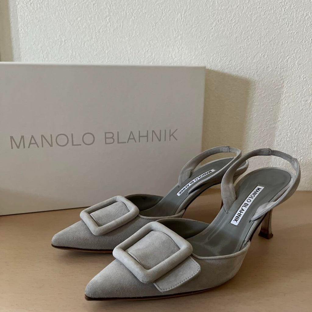 Manolo Blahnik Maysli 70 slingback grey suede leather pumps heels
