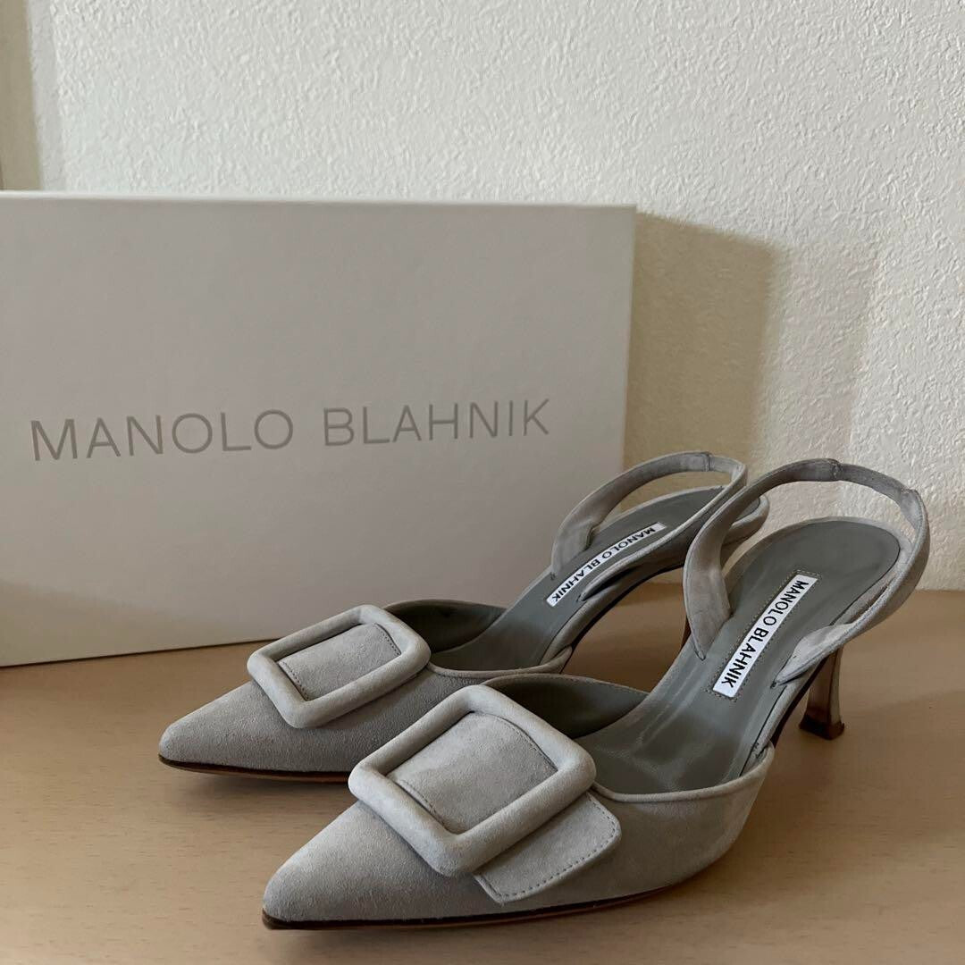 Manolo Blahnik Maysli 70 slingback grey suede leather pumps heels