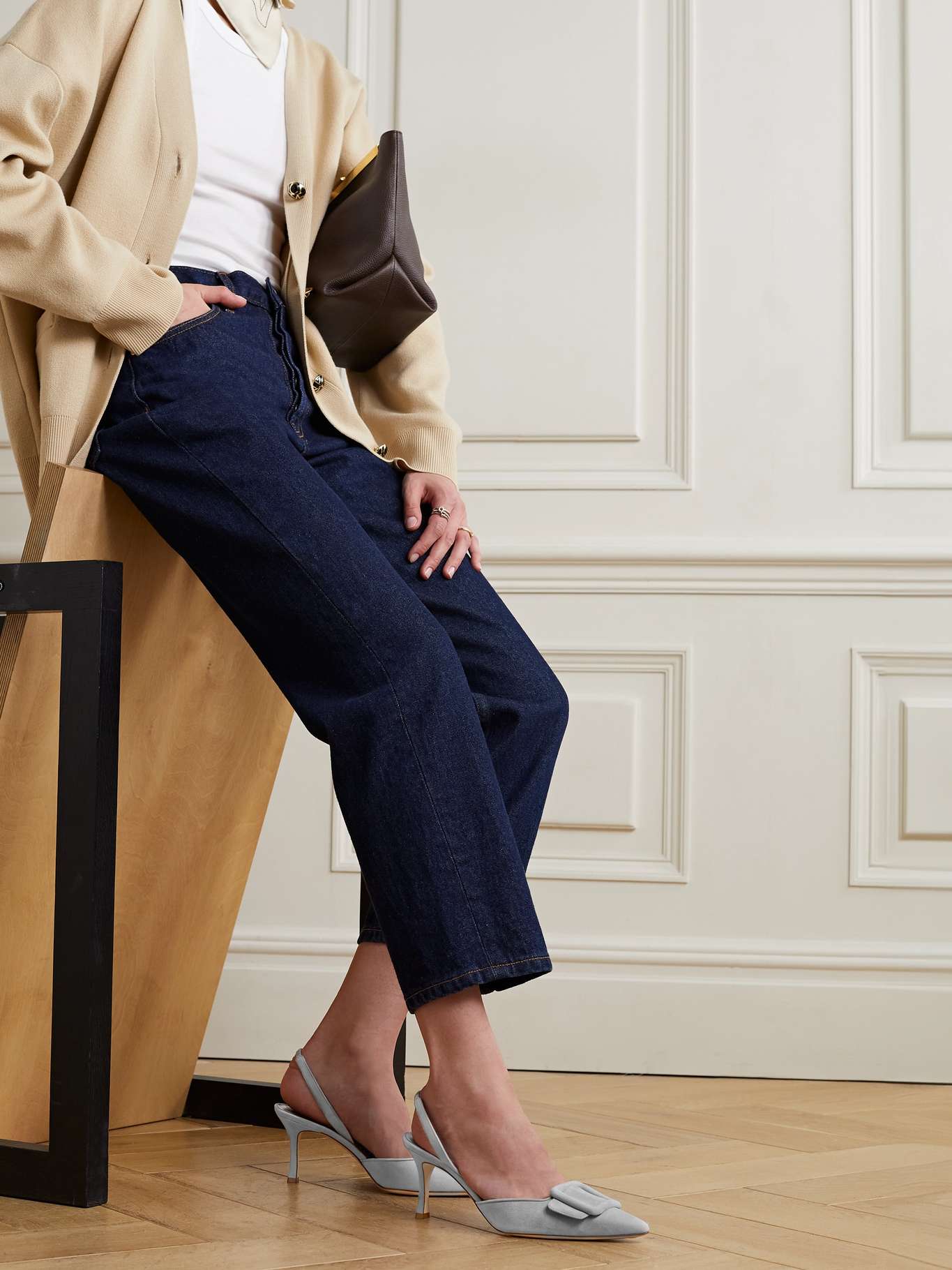 Manolo Blahnik Maysli 70 slingback grey suede leather pumps heels