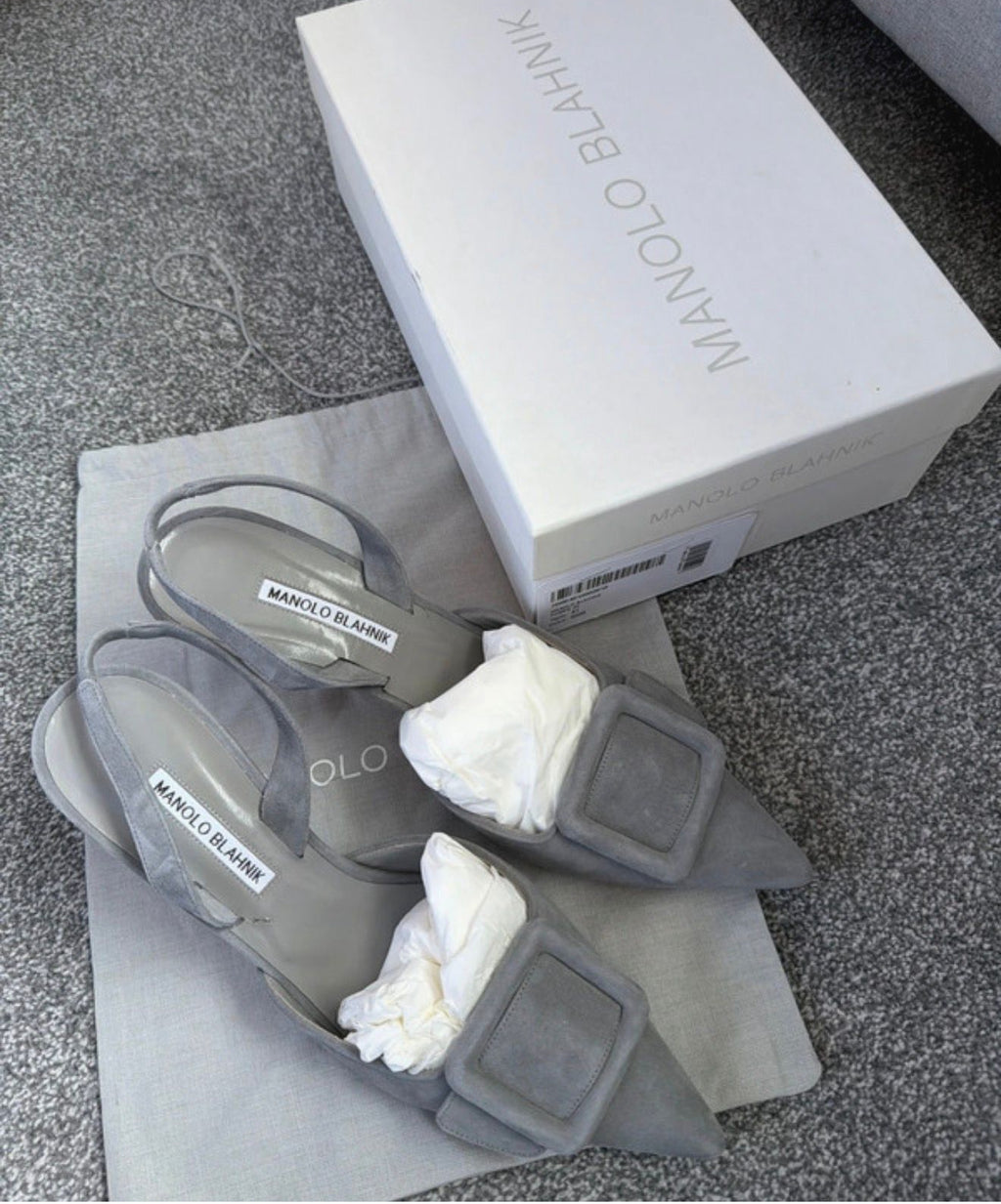 Manolo Blahnik Maysli 70 slingback grey suede leather pumps heels