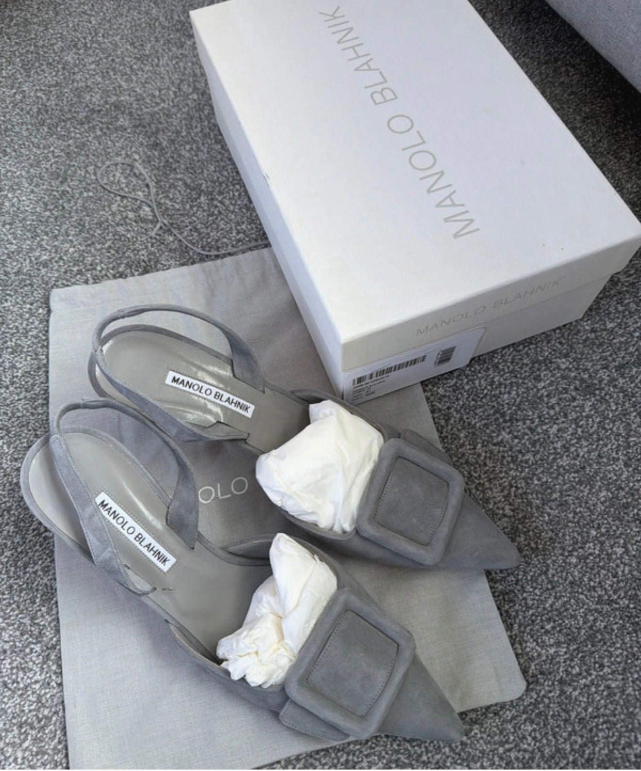 Manolo Blahnik Maysli 70 slingback grey suede leather pumps heels