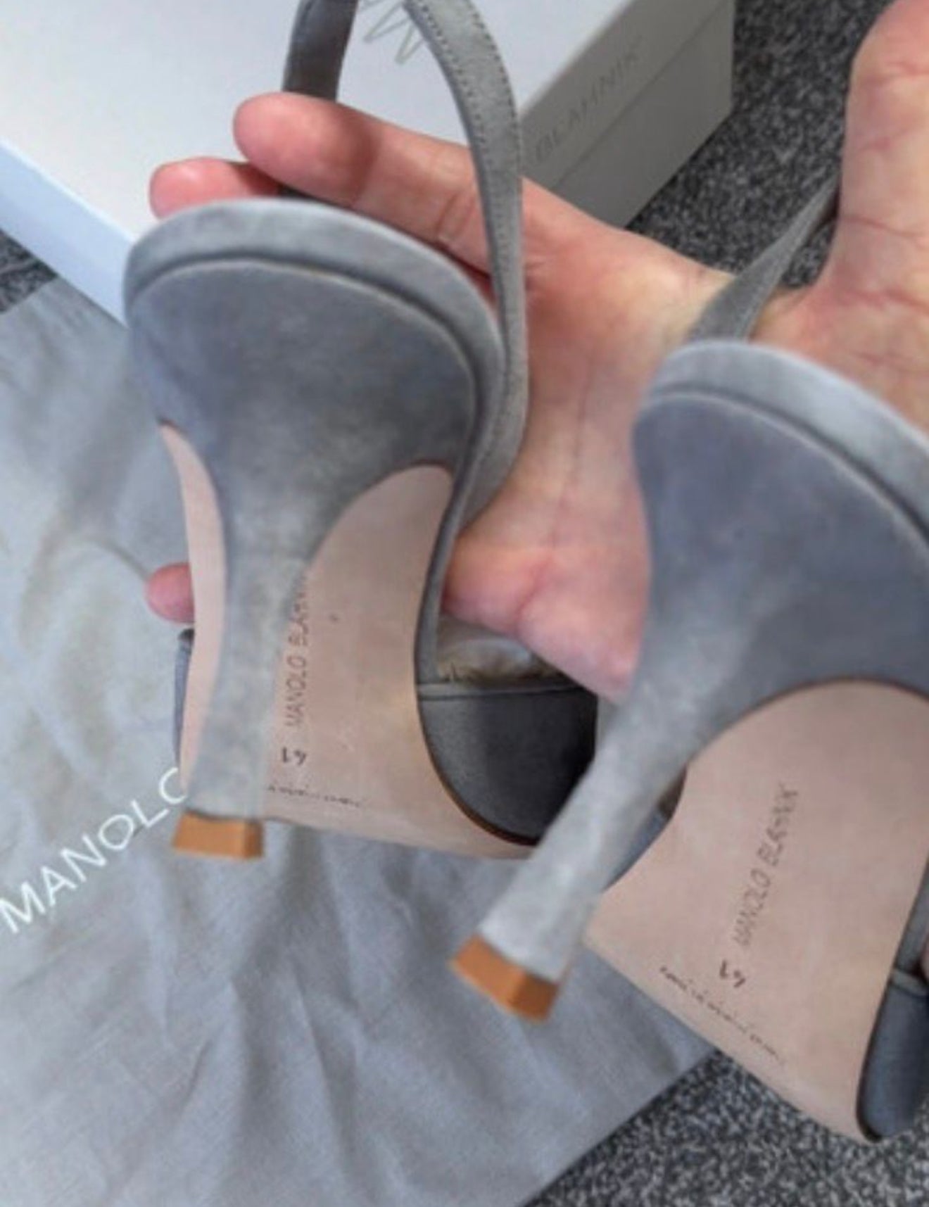 Manolo Blahnik Maysli 70 slingback grey suede leather pumps heels