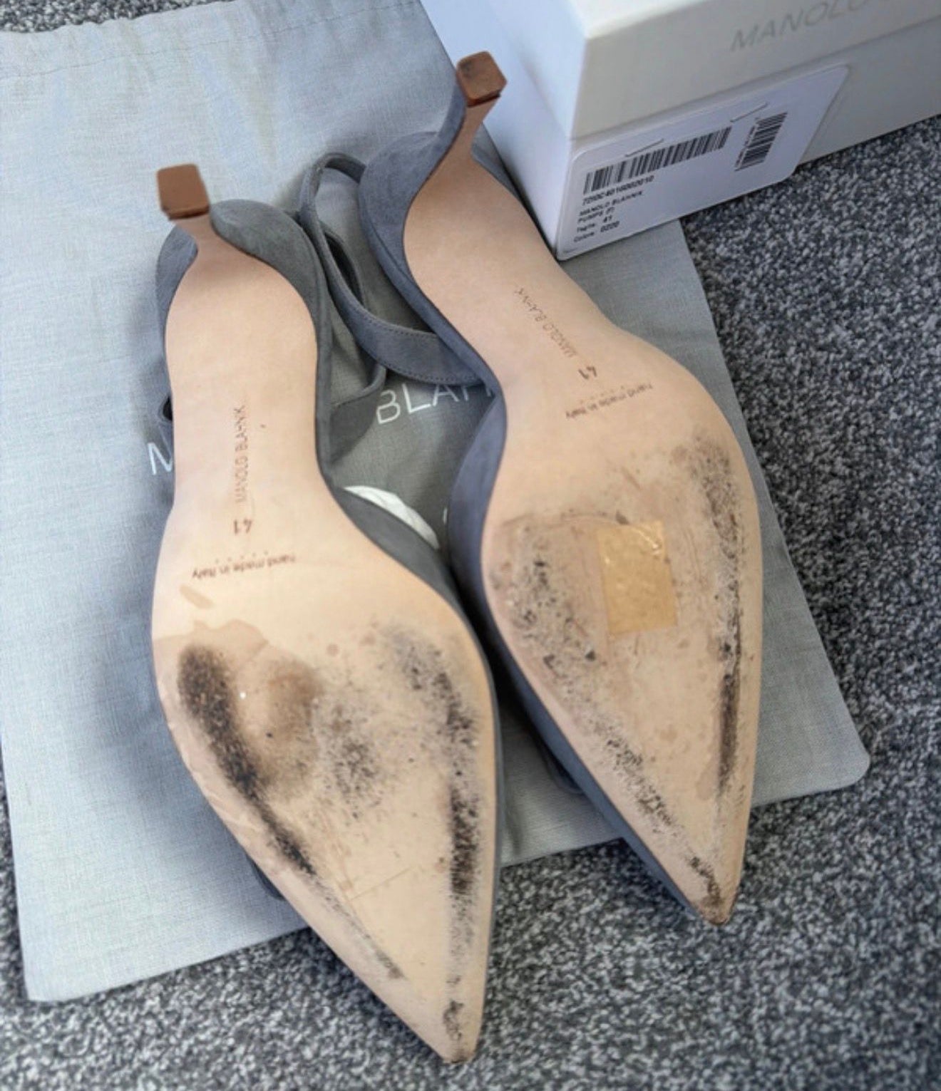 Manolo Blahnik Maysli 70 slingback grey suede leather pumps heels