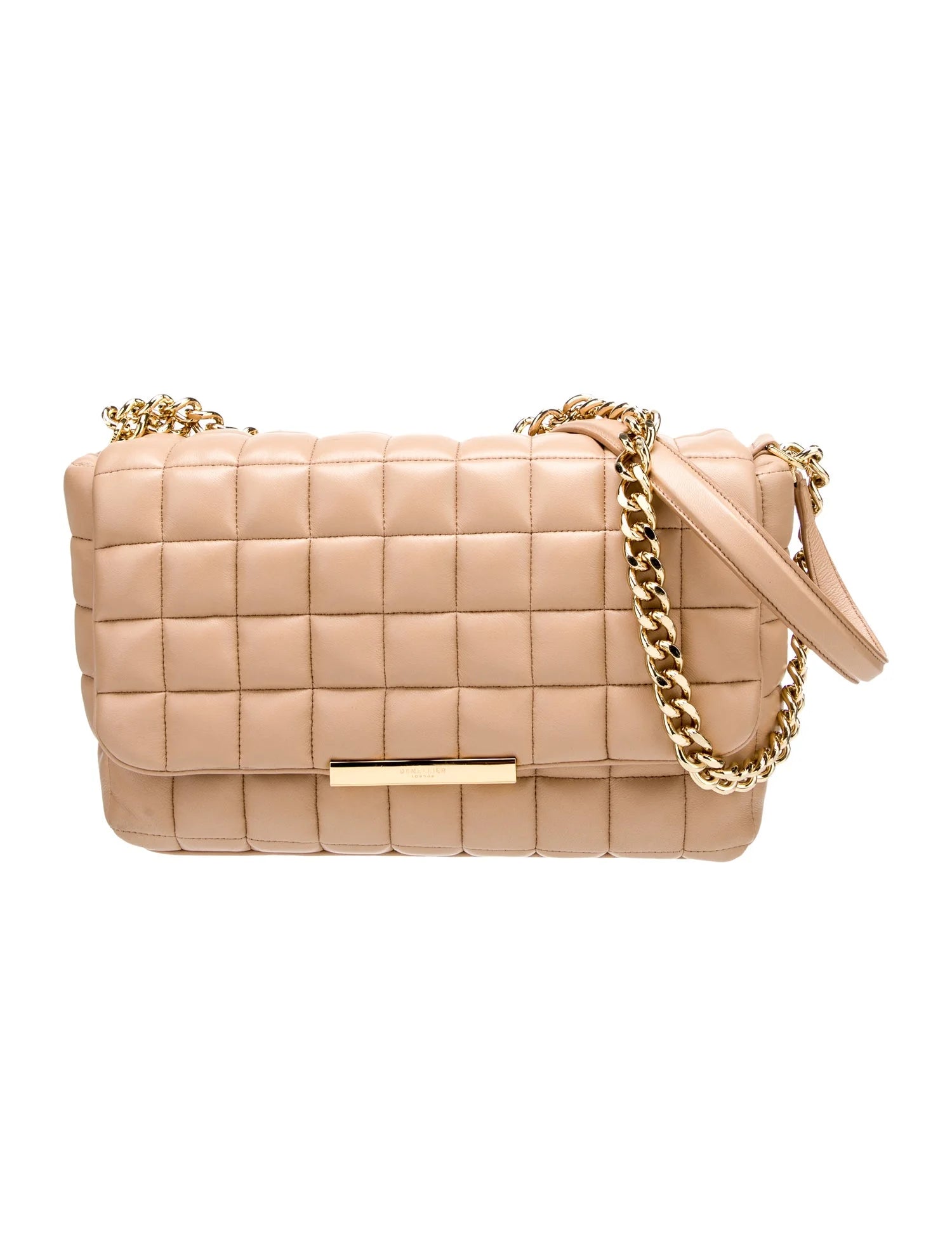 DeMellier Beige Quilted Leather Shoulder Bag with gold chain crossbody strap