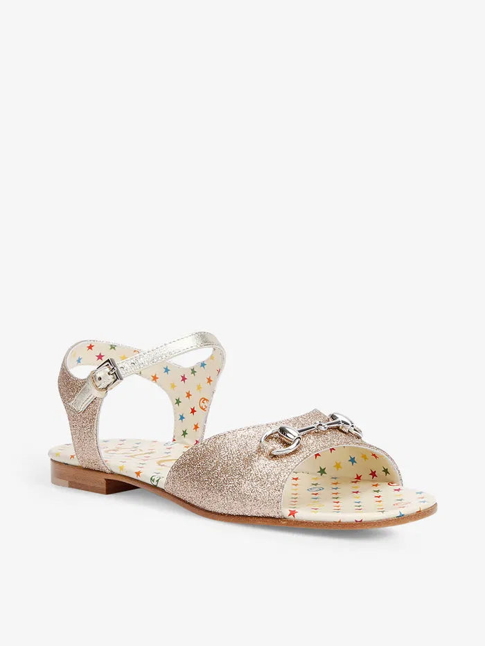 New Gucci Aisha Metallic Leather Sandals with Horsebit Logo