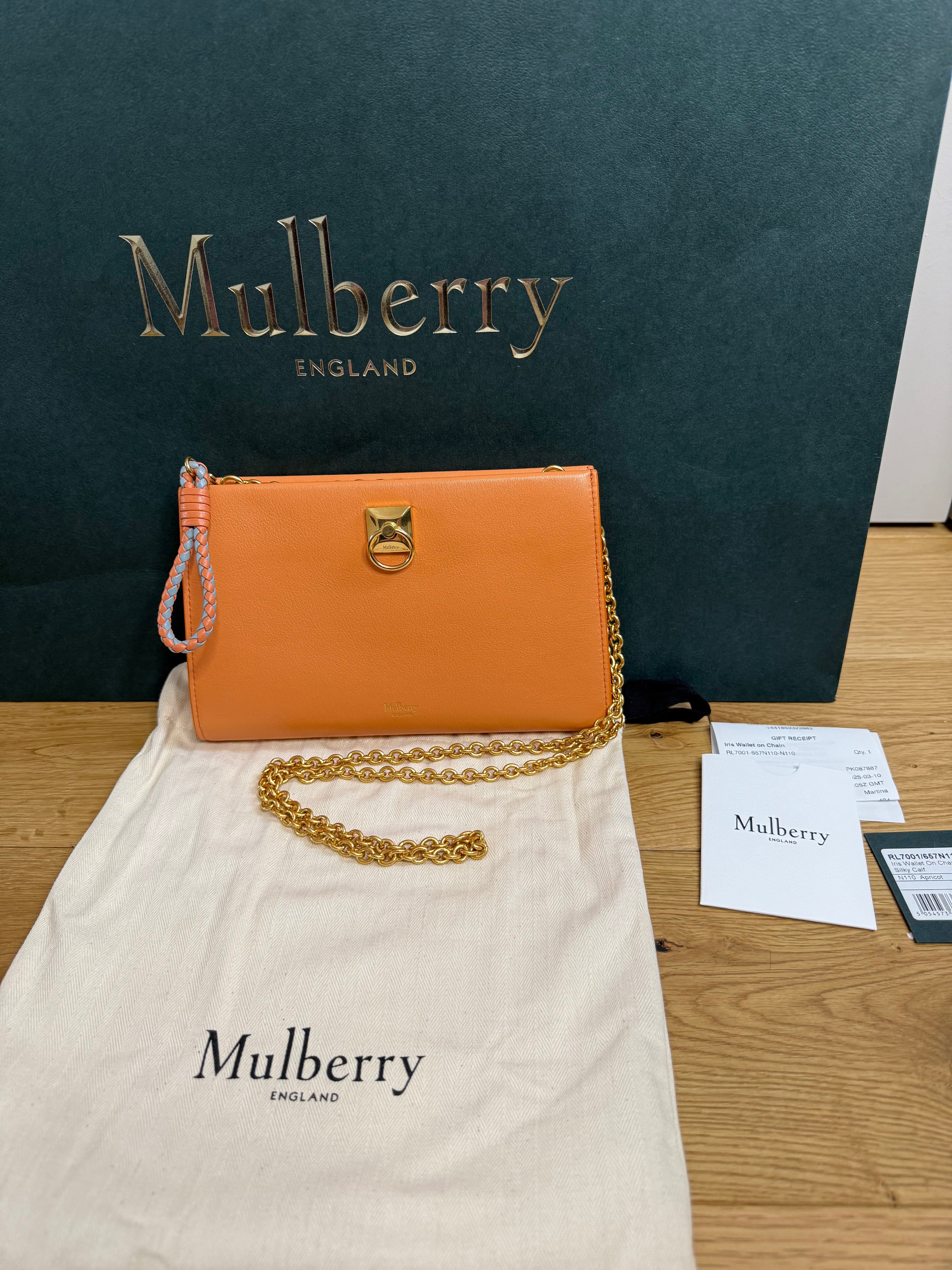 New Mulberry Iris Wallet On Chain Bag In Apricot Colour with Matching Zip Pull