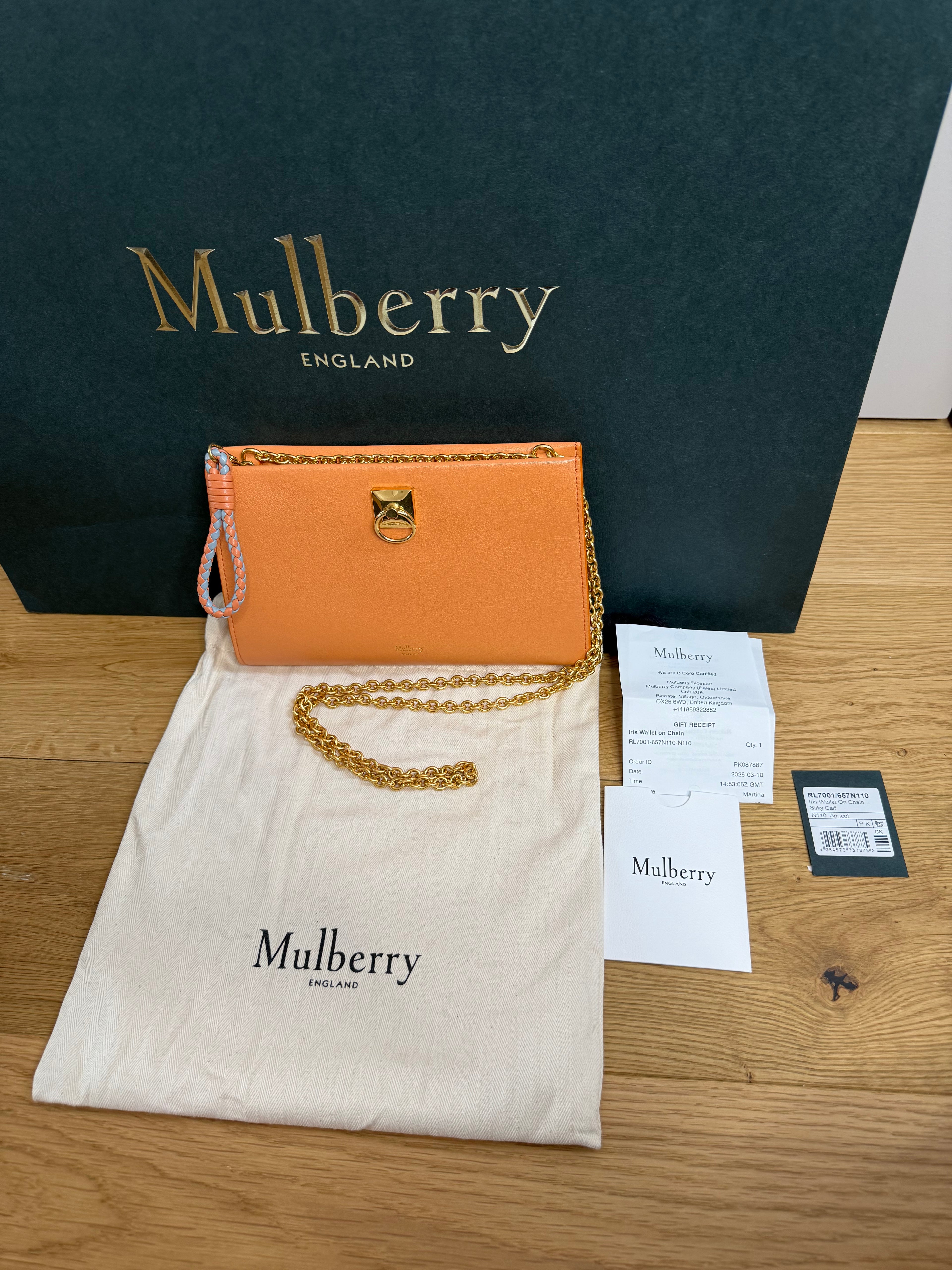 New Mulberry Iris Wallet On Chain Bag In Apricot Colour with Matching Zip Pull