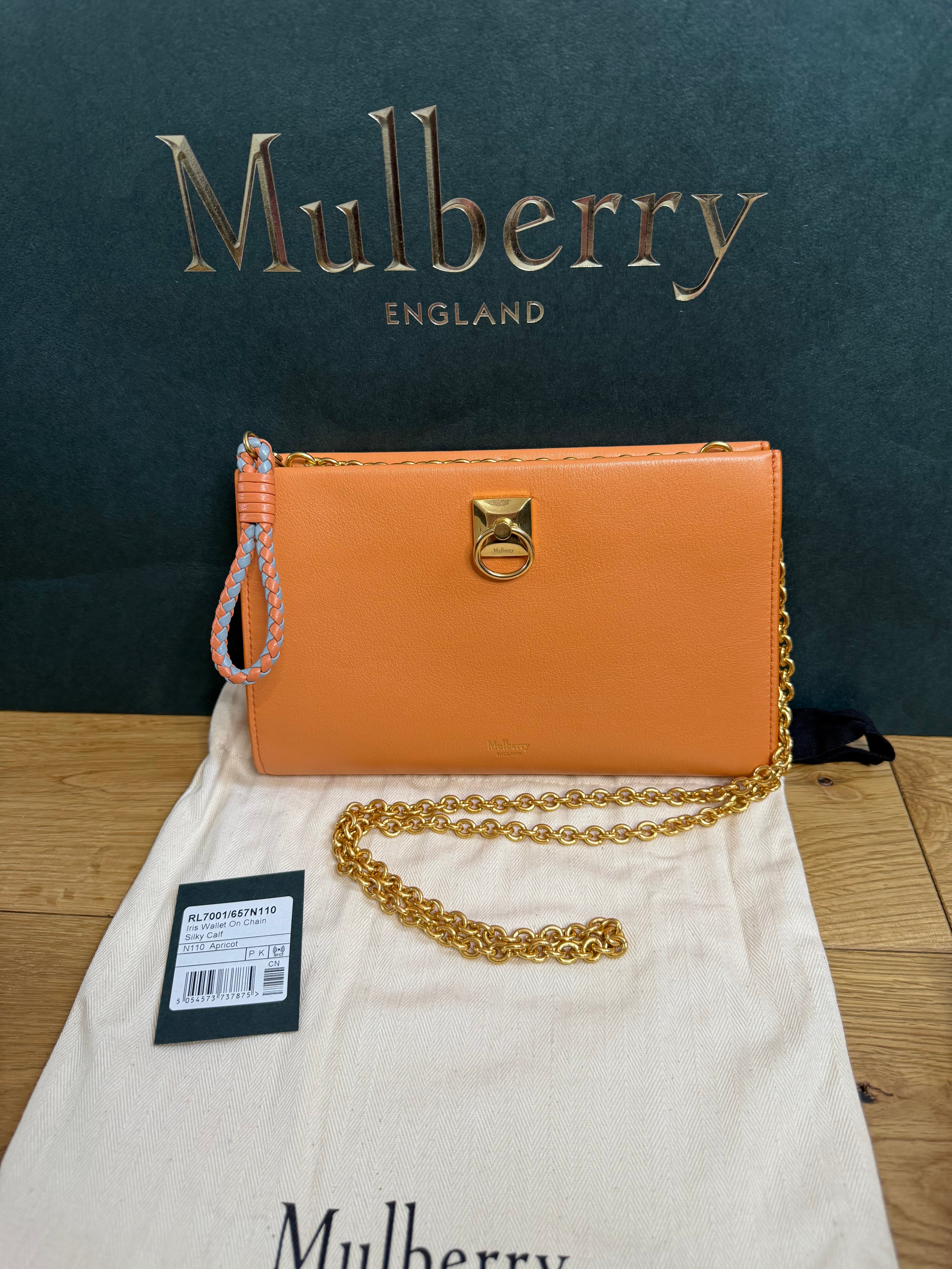 New Mulberry Iris Wallet On Chain Bag In Apricot Colour with Matching Zip Pull