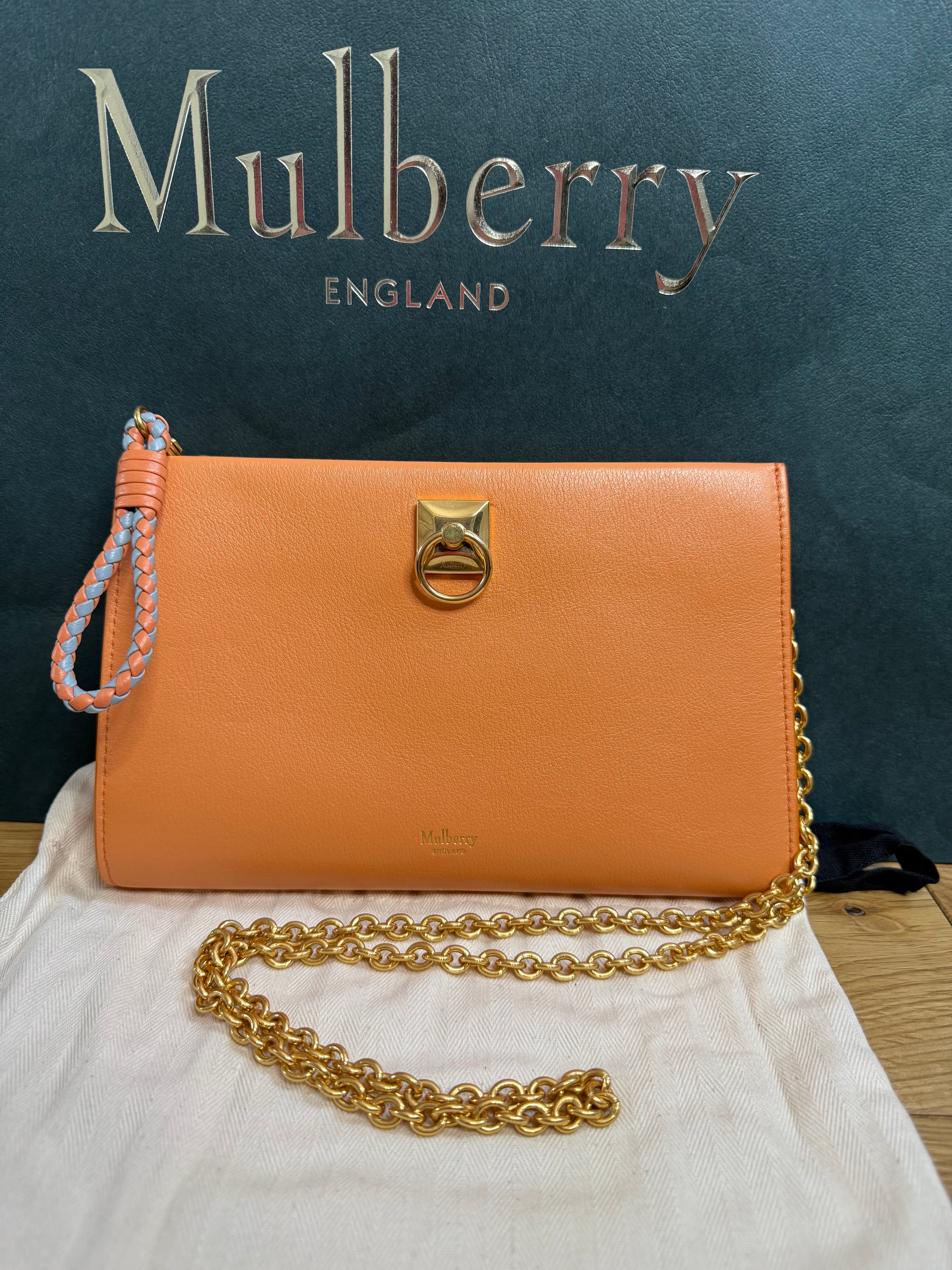 New Mulberry Iris Wallet On Chain Bag In Apricot Colour with Matching Zip Pull