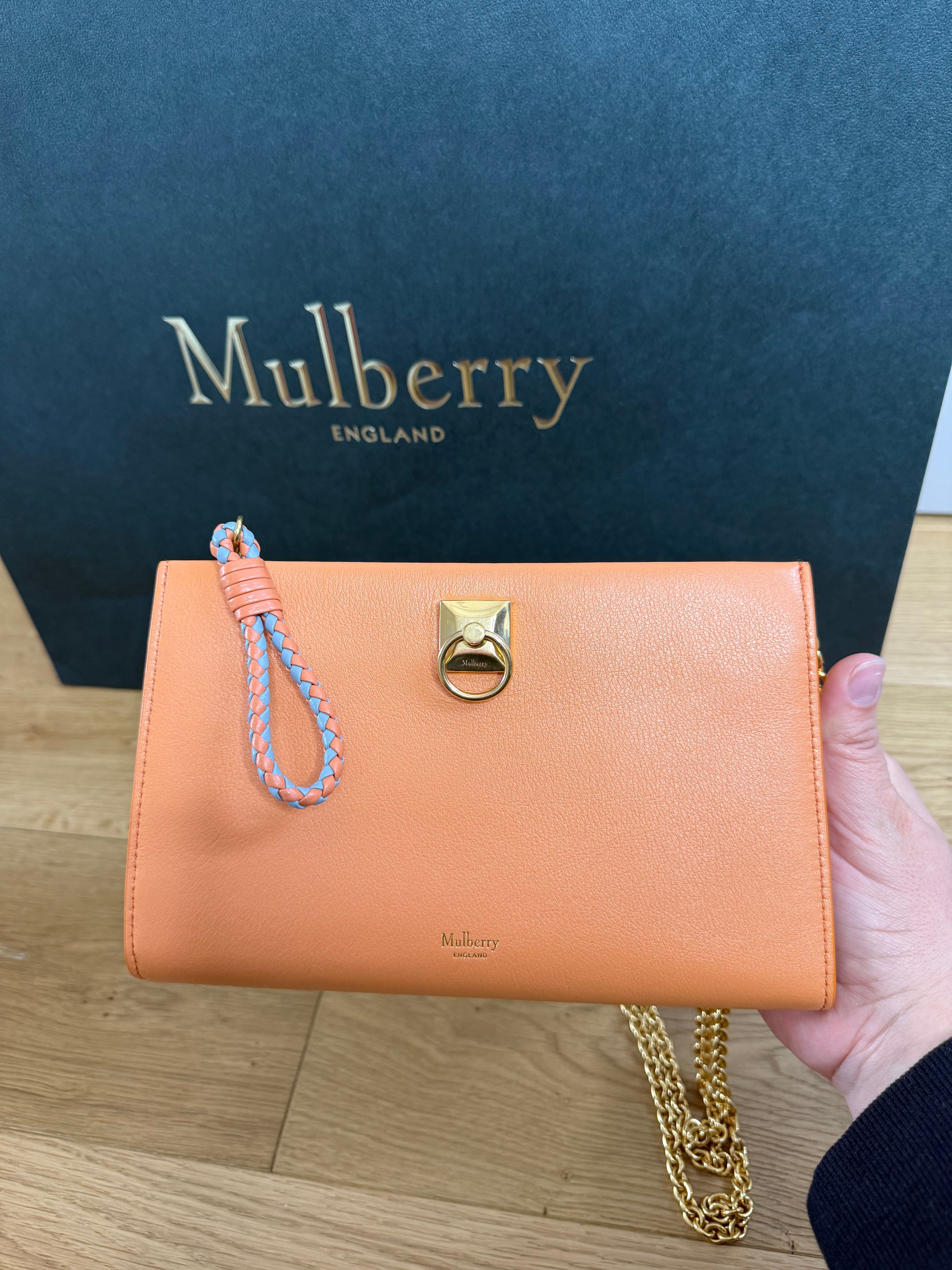 New Mulberry Iris Wallet On Chain Bag In Apricot Colour with Matching Zip Pull