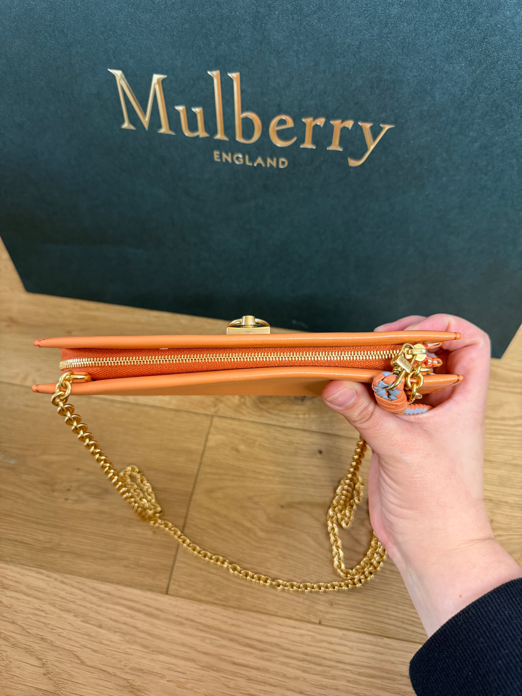 New Mulberry Iris Wallet On Chain Bag In Apricot Colour with Matching Zip Pull