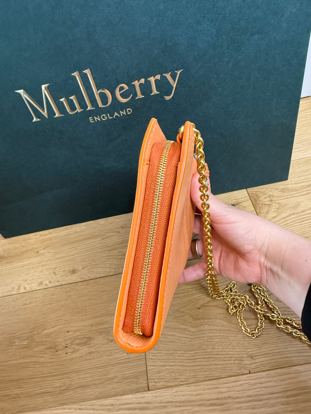New Mulberry Iris Wallet On Chain Bag In Apricot Colour with Matching Zip Pull