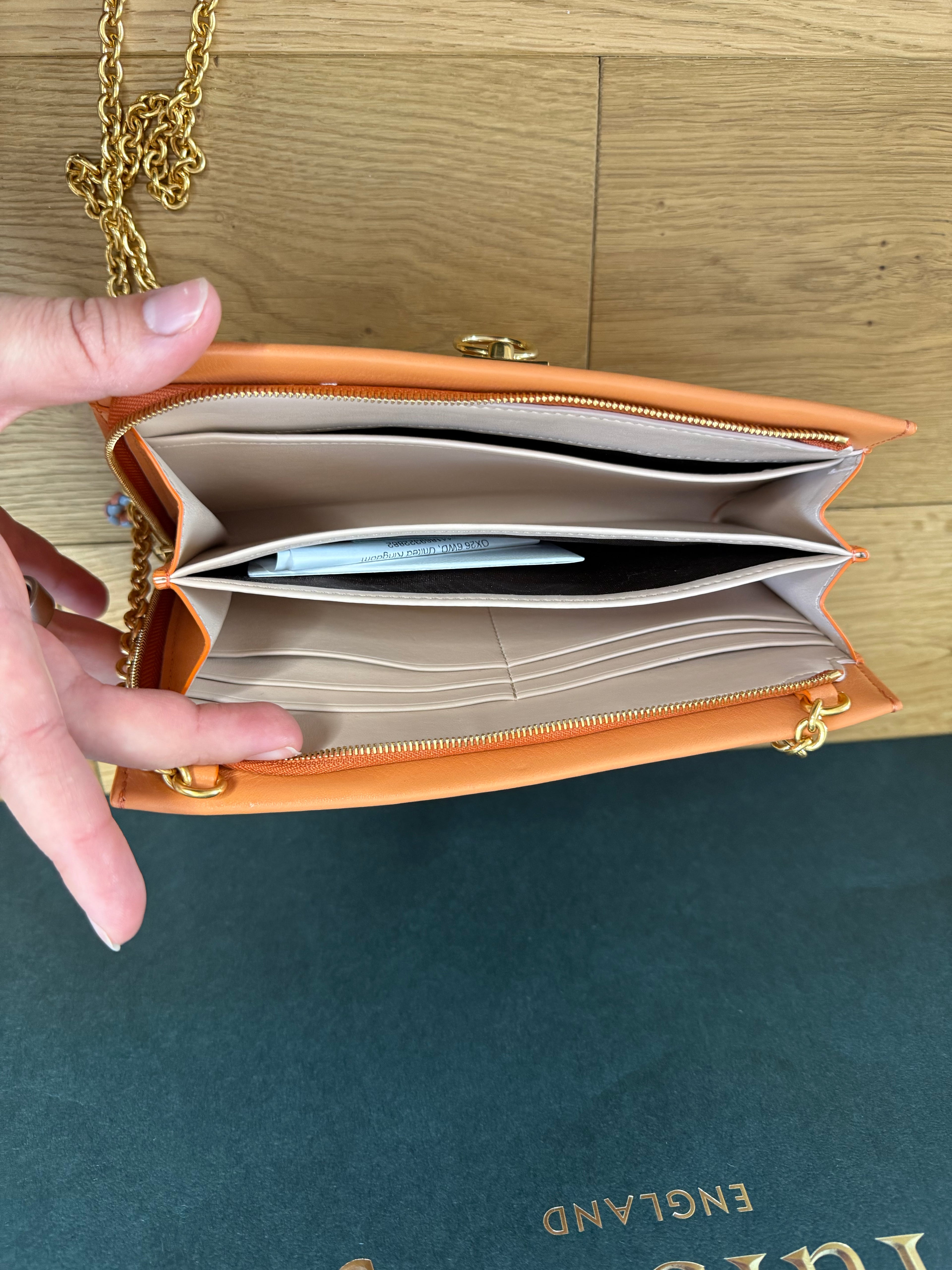 New Mulberry Iris Wallet On Chain Bag In Apricot Colour with Matching Zip Pull