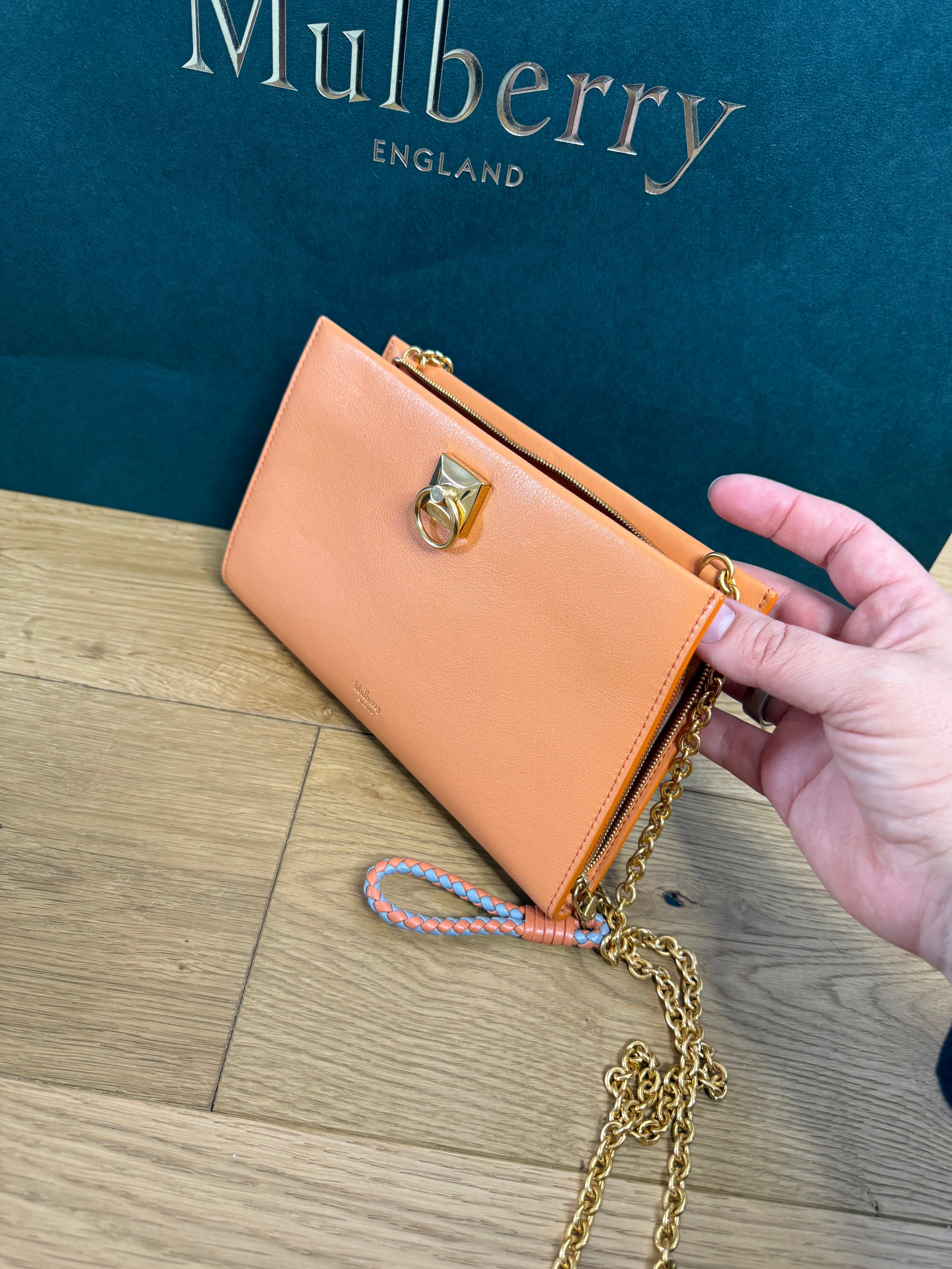 New Mulberry Iris Wallet On Chain Bag In Apricot Colour with Matching Zip Pull