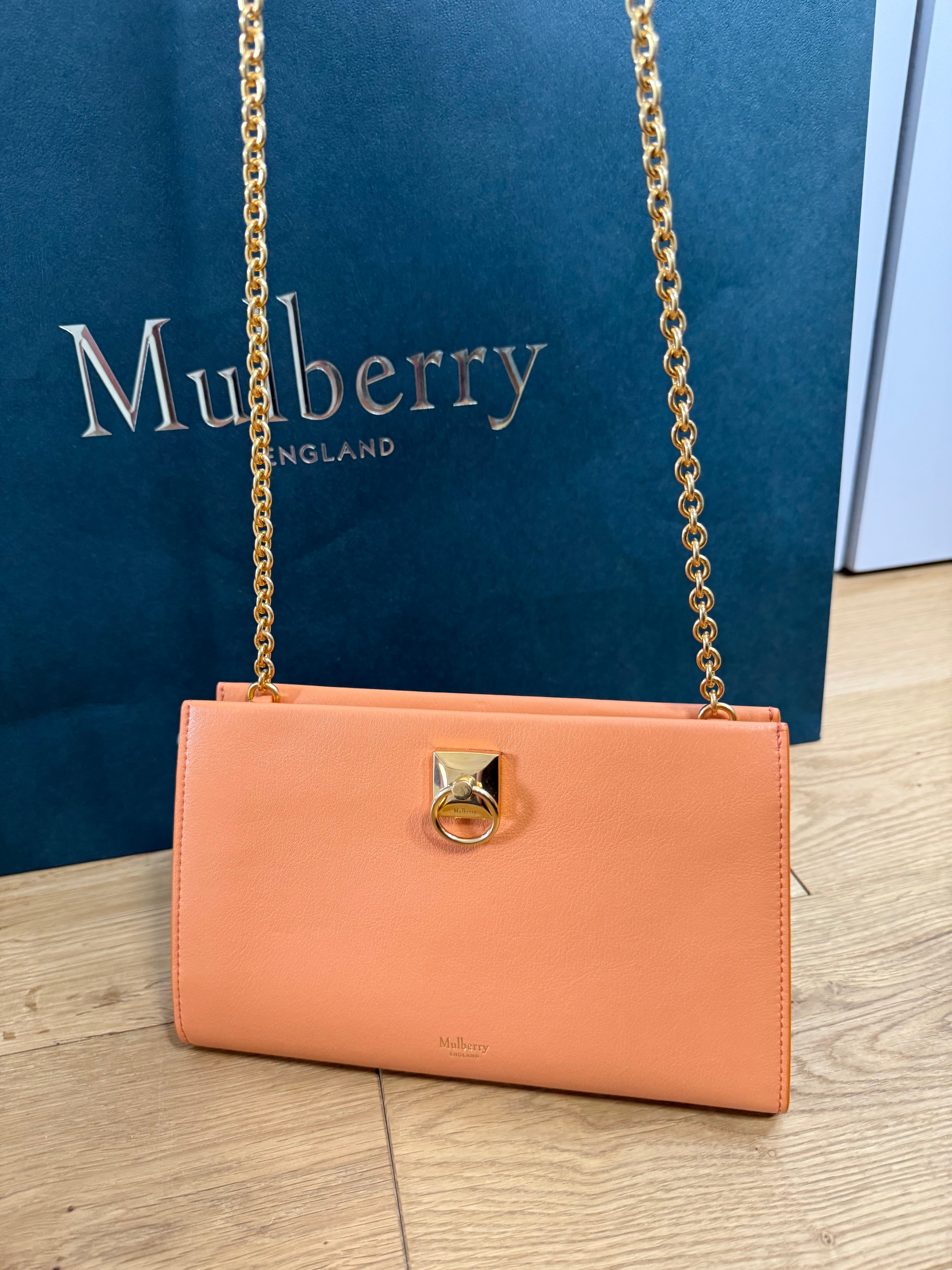 New Mulberry Iris Wallet On Chain Bag In Apricot Colour with Matching Zip Pull