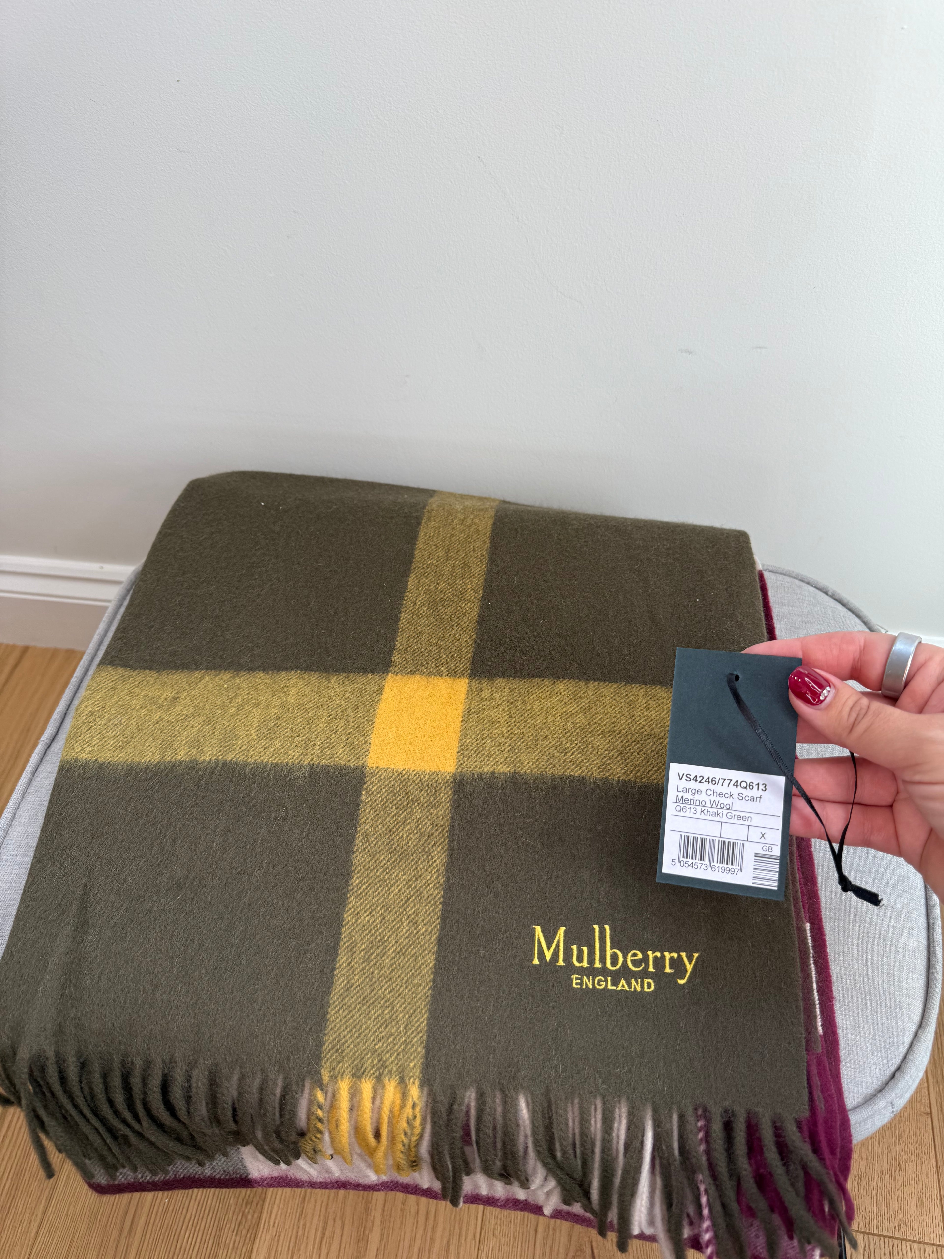Mulberry Large Check Lambswool Scarf Shawl Khaki & Berry – Brand New RRP £295