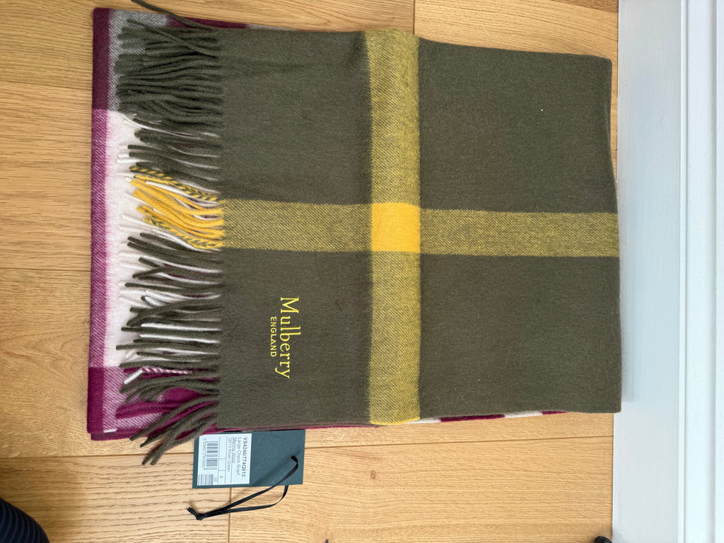Mulberry Large Check Lambswool Scarf Shawl Khaki & Berry – Brand New RRP £295