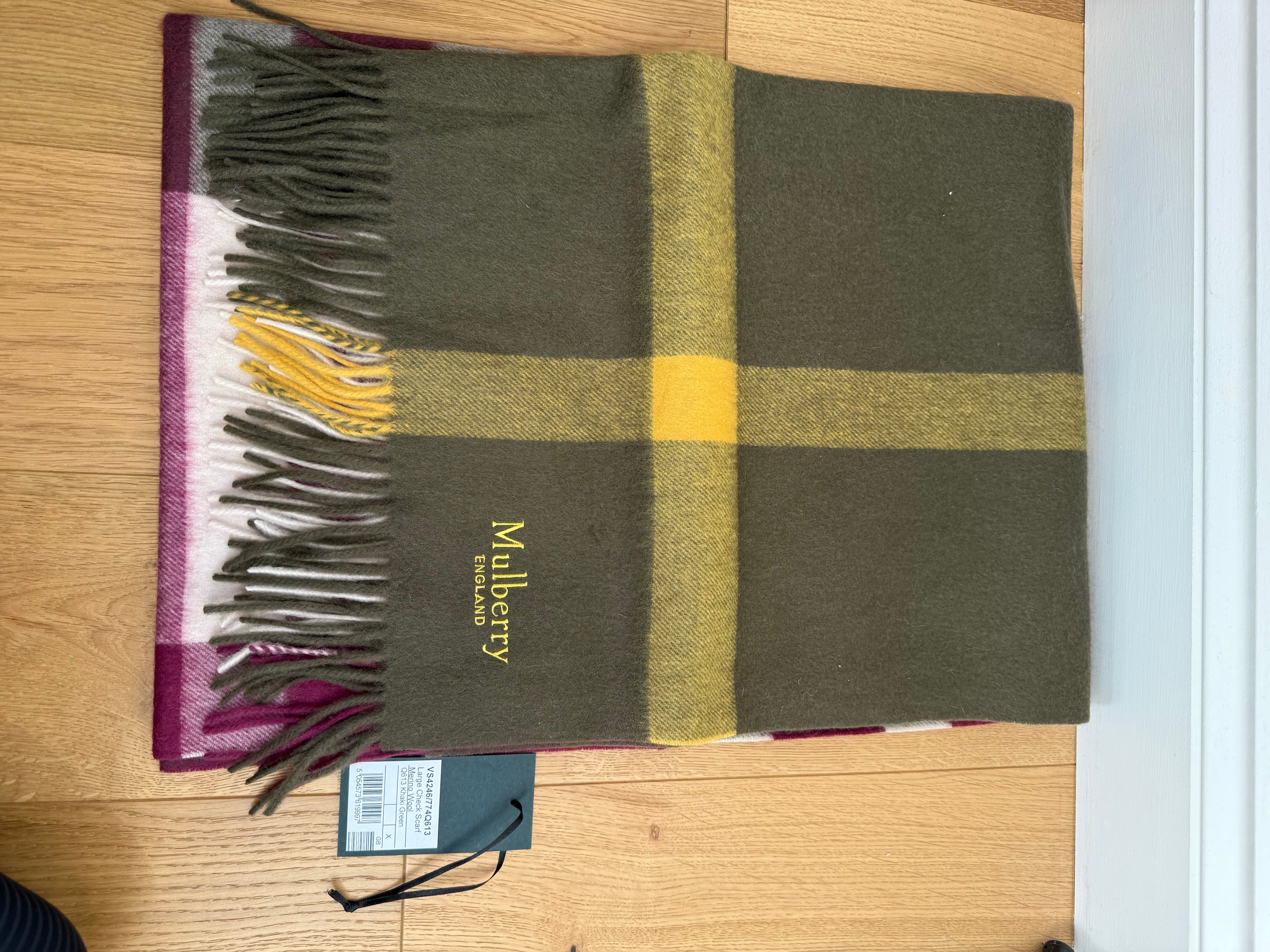 Mulberry Large Check Lambswool Scarf Shawl Khaki & Berry – Brand New RRP £295