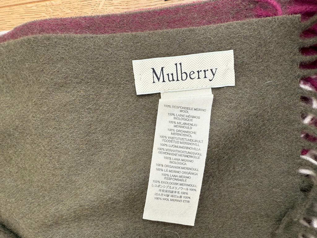 Mulberry Large Check Lambswool Scarf Shawl Khaki & Berry – Brand New RRP £295