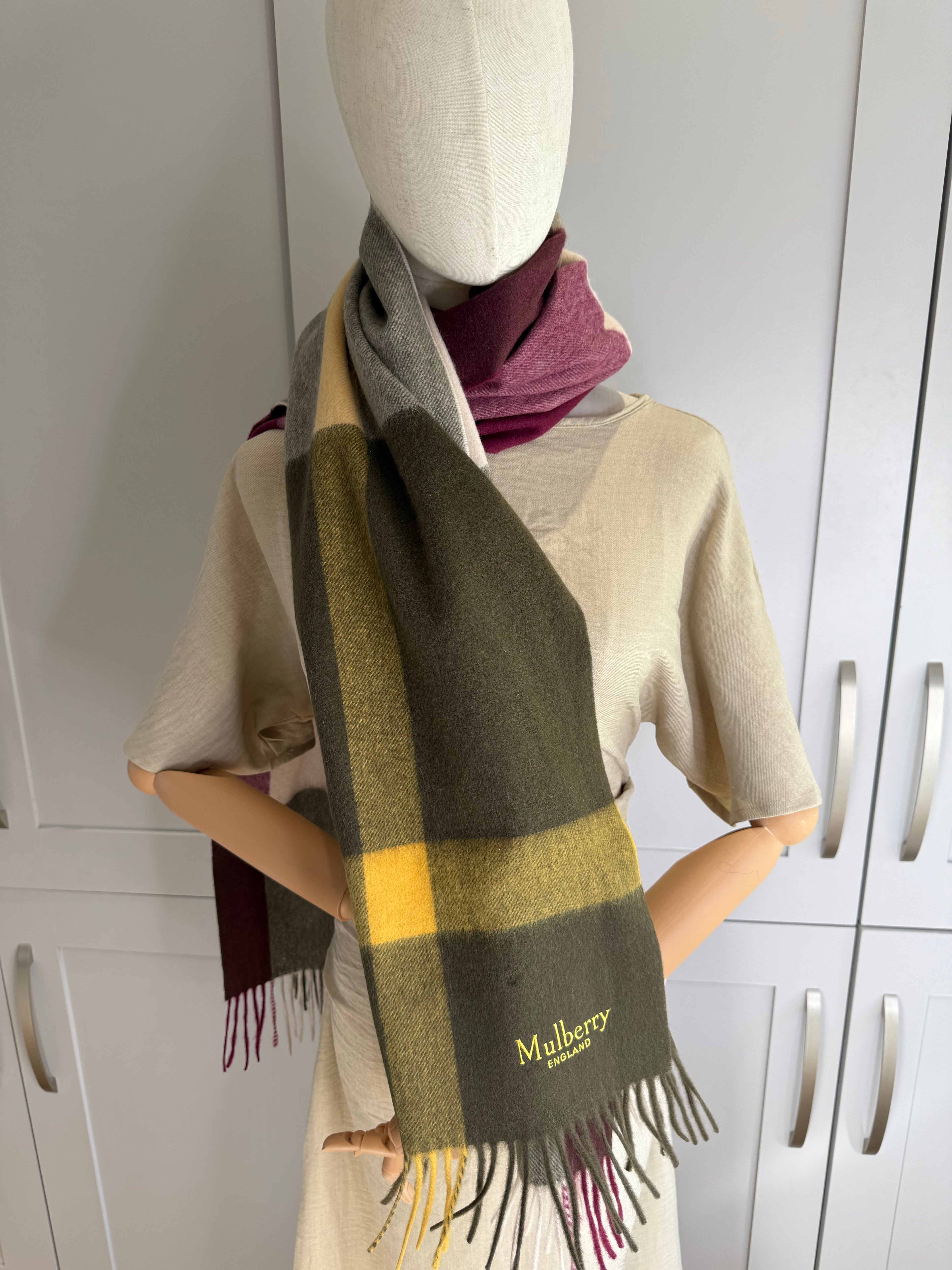 Mulberry Large Check Lambswool Scarf Shawl Khaki & Berry – Brand New RRP £295