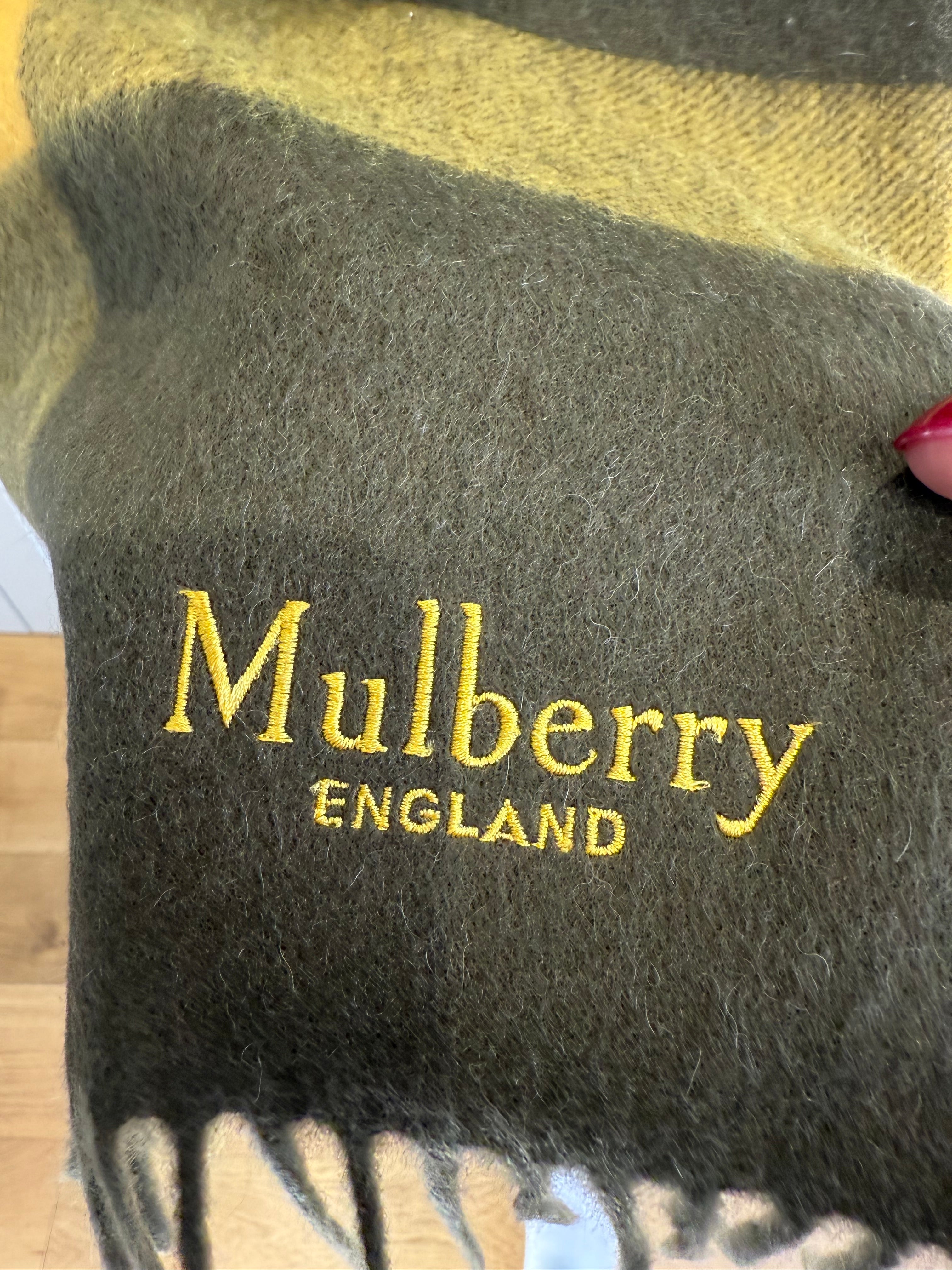 Mulberry Large Check Lambswool Scarf Shawl Khaki & Berry – Brand New RRP £295