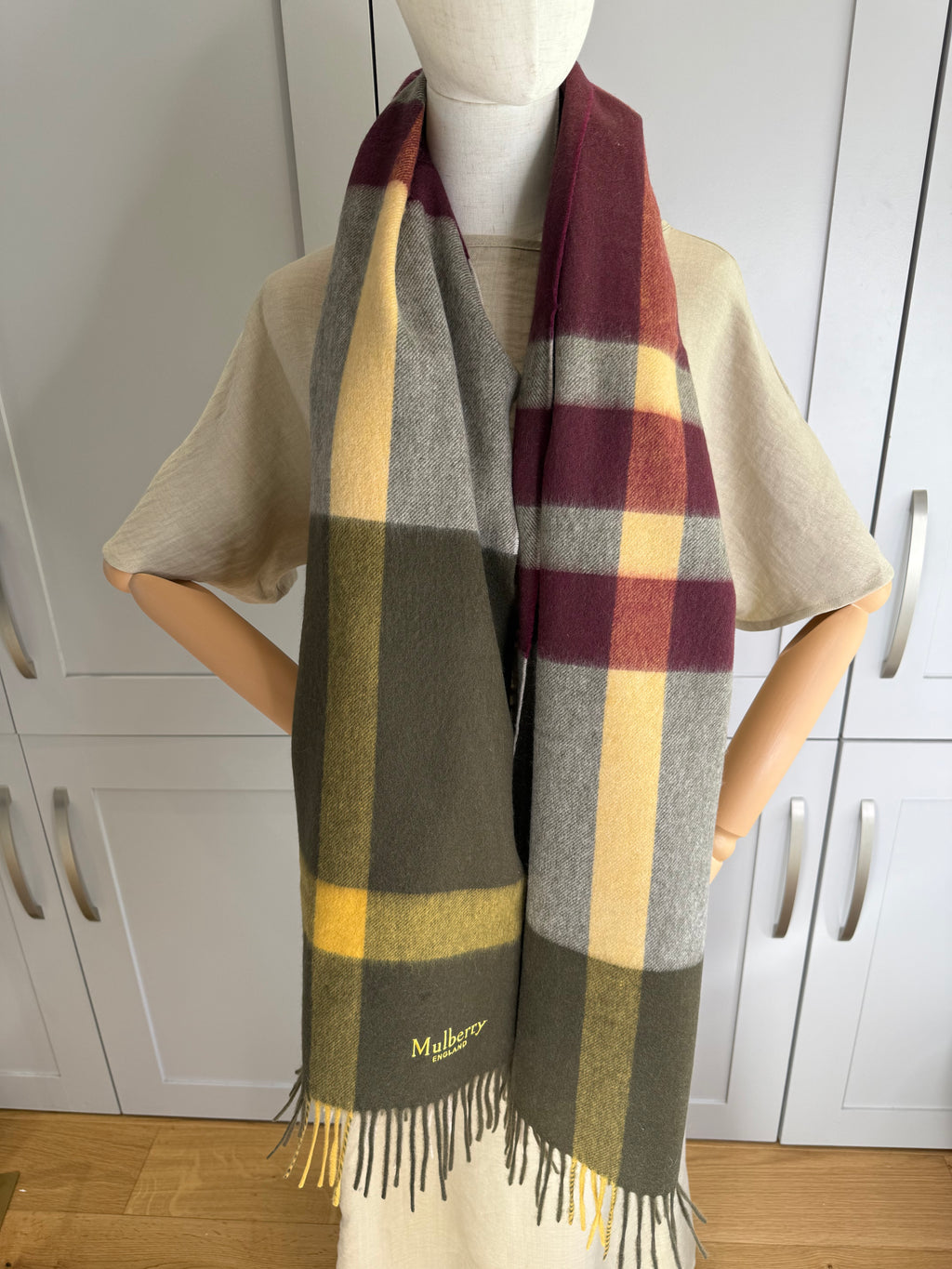 Mulberry Large Check Lambswool Scarf Shawl Khaki & Berry – Brand New RRP £295